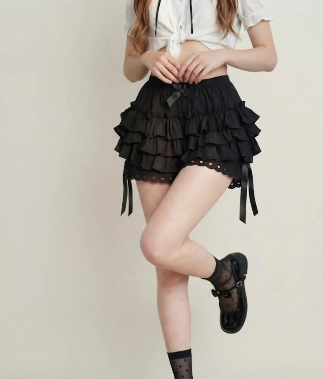 Tiered Ruffle Bloomer Shorts, Lace Trim, Cottagecore Bow Waist Bottoms - image 5