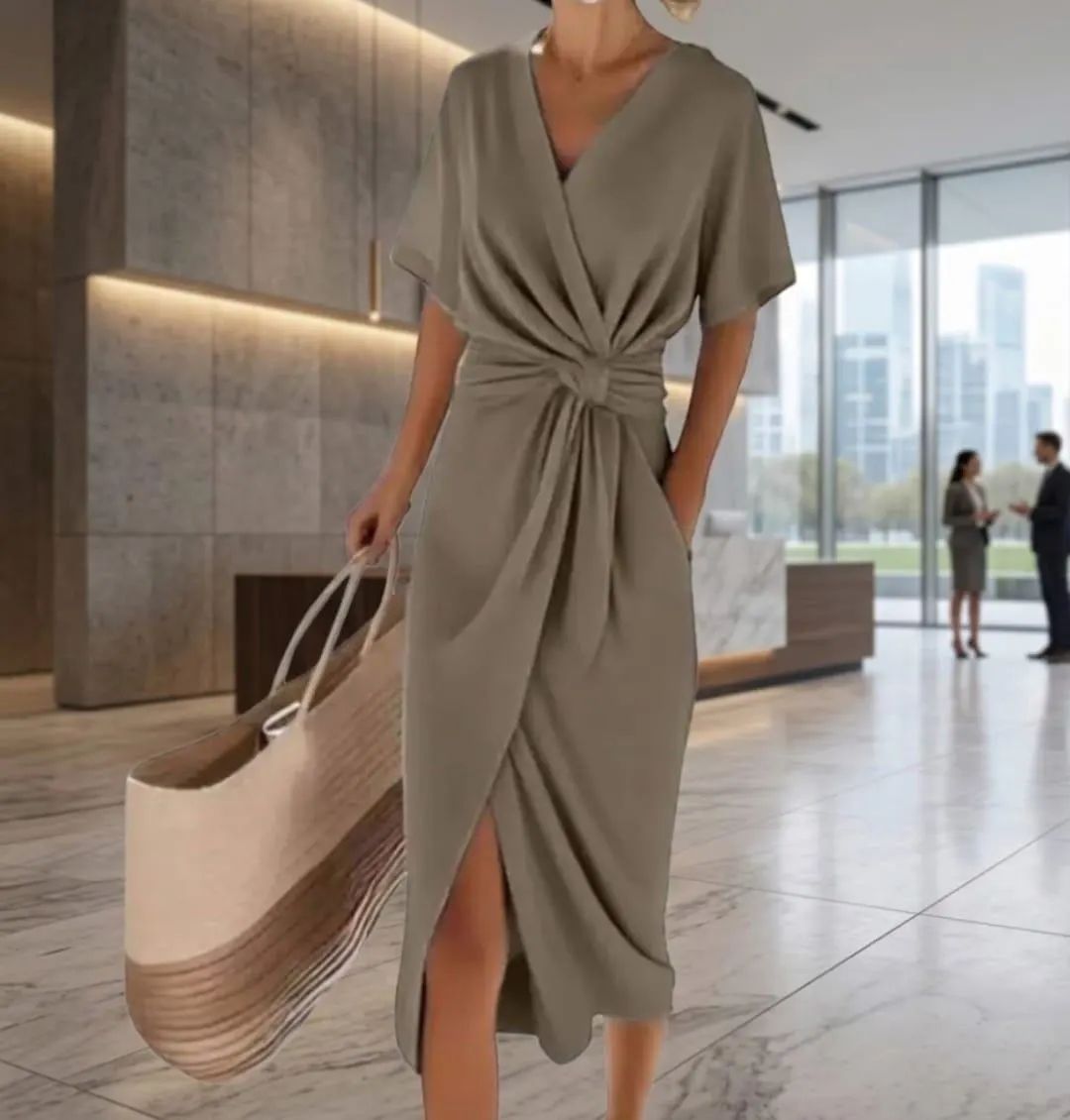 Women's Twist Front Midi Dress, Short Sleeve Faux Wrap Office Dress - image 2