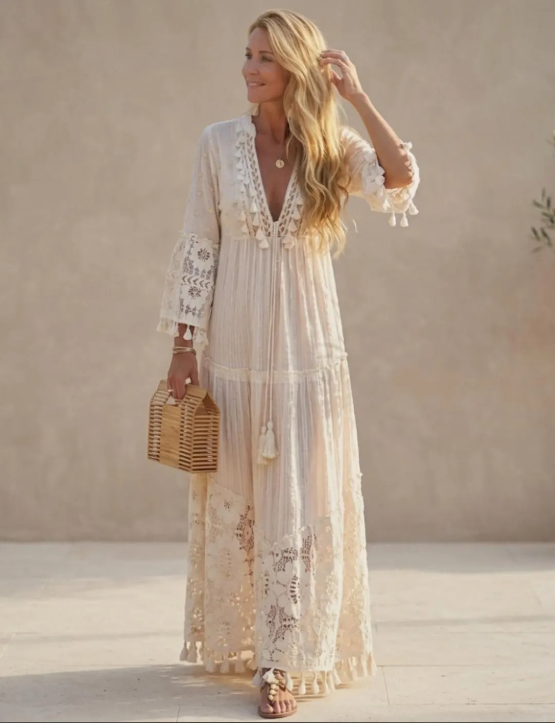 Linen Maxi Dress, Boho V-Neck Loose Fit, Striped Cotton-Blend with Pockets - image 3