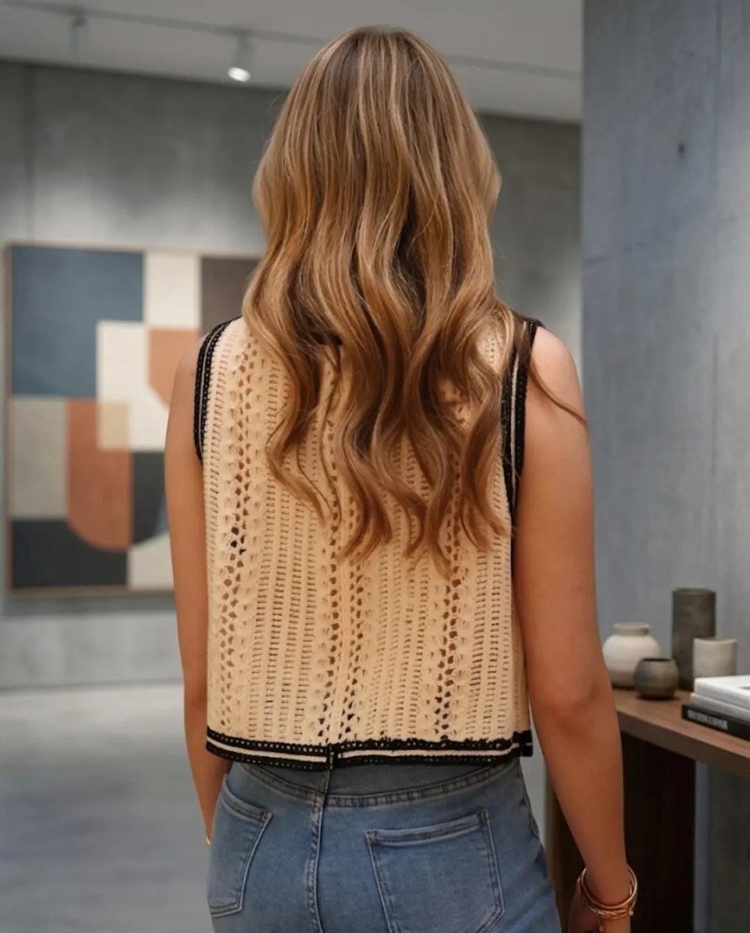 Crocheted Flower Vest, Cream Black Button Down Knit Top, Boho Summer Sleeveless Shirt - image 4