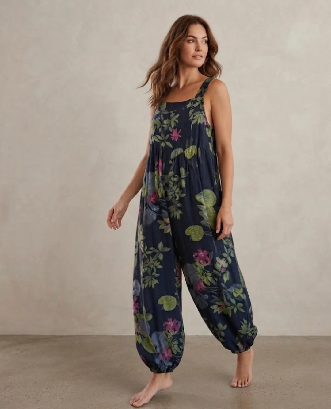 Floral Print Wide Leg Jumpsuit, Sleeveless Cotton Linen Boho Harem Romper - image 3