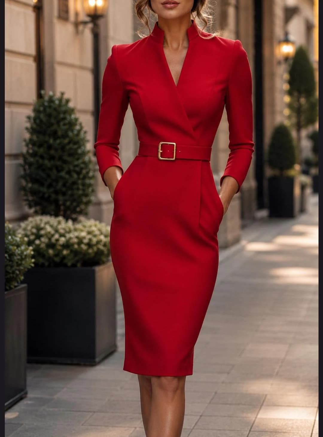 Elegant Belted Wrap Midi Dress, Long Sleeve V-Neck Bodycon Office Party Dress - image 2