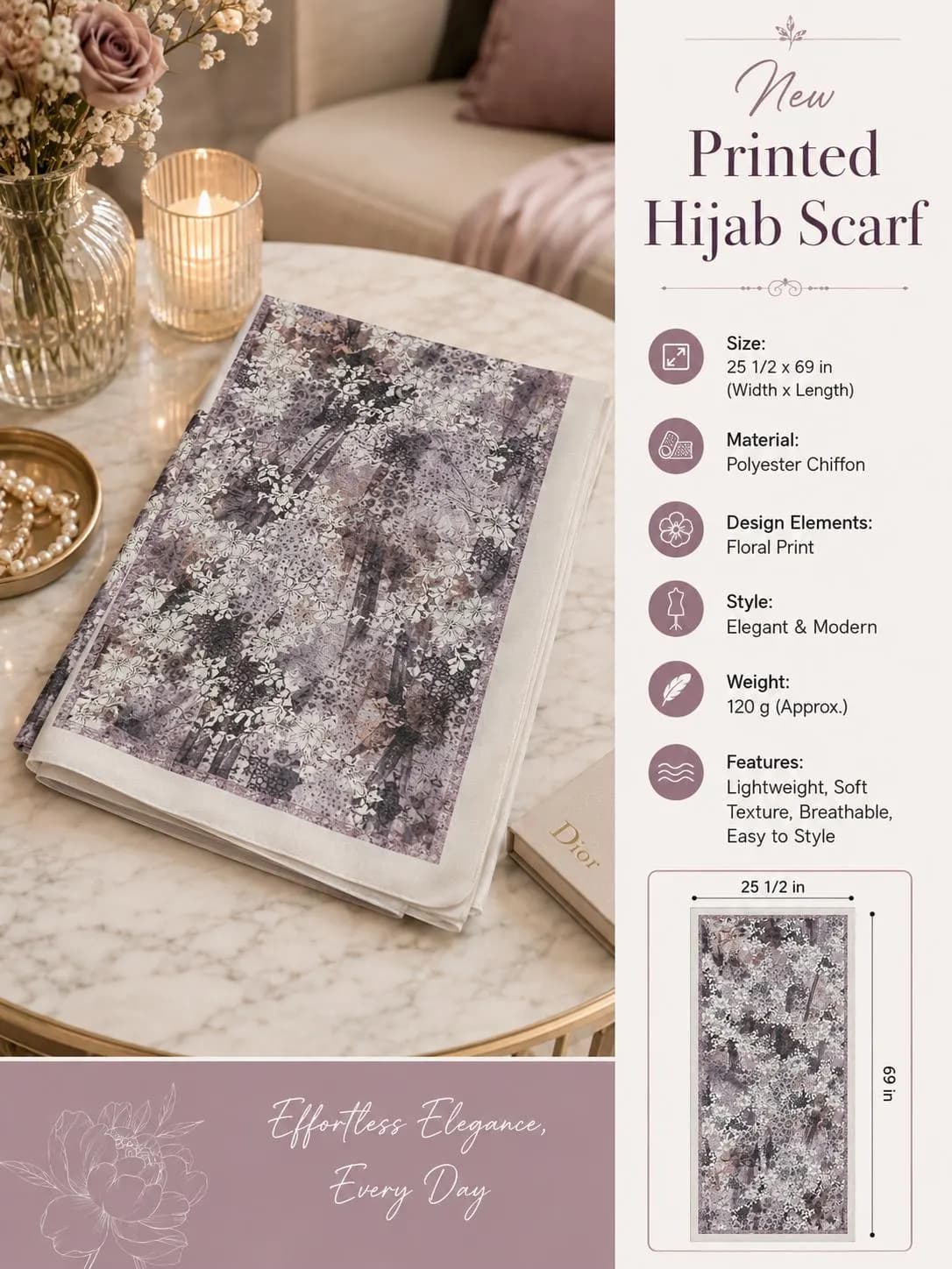 Purple Floral Chiffon Hijab, Soft Lightweight Modest Headscarf, Elegant Polyester Scarf - image 5