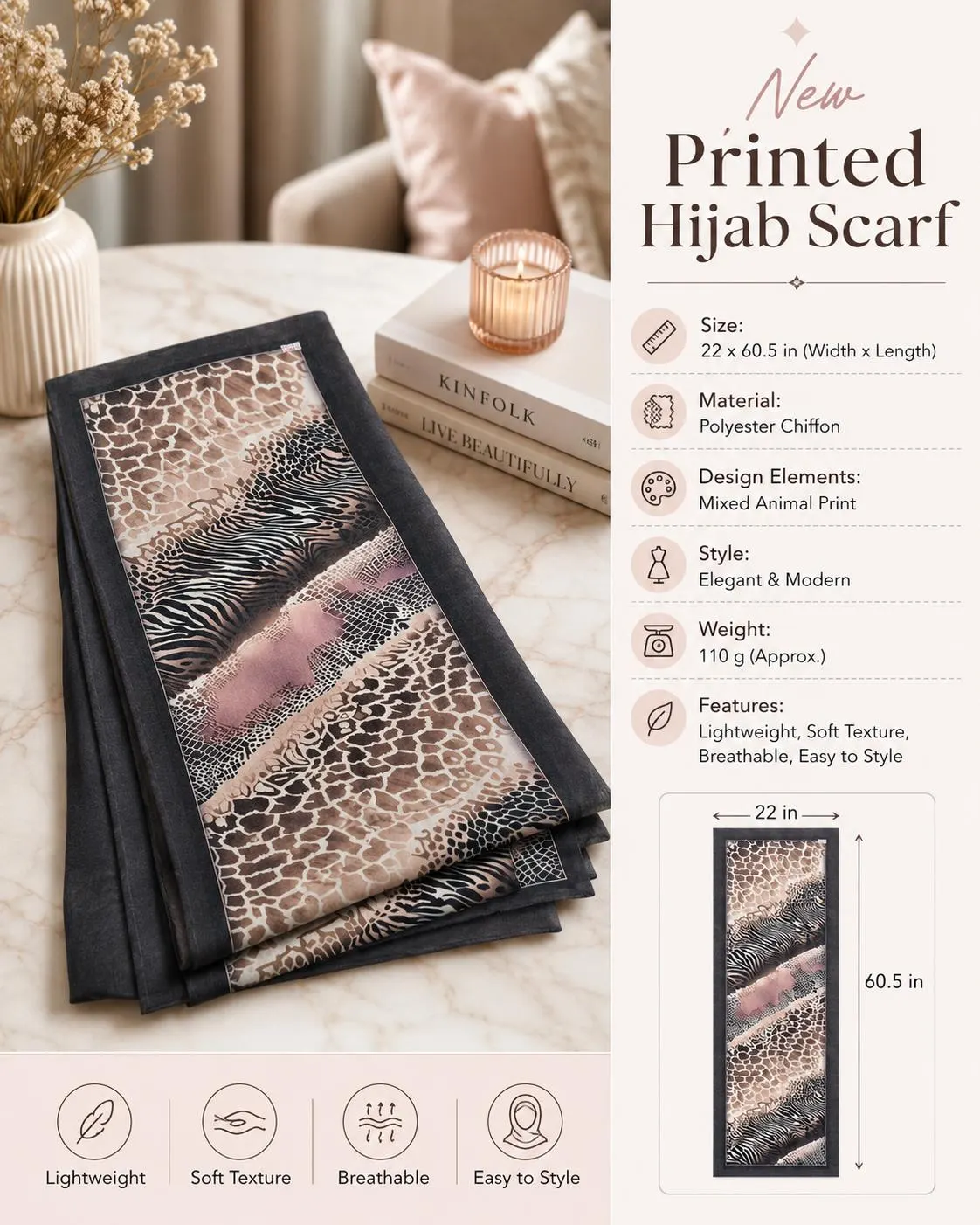 Printed Chiffon Hijab Scarf, Mixed Animal Print, Lightweight Modest Headscarf - image 3