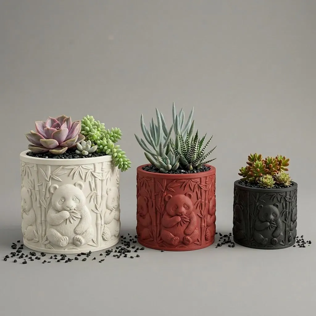 Panda Succulent Planter – Embossed Bamboo Wildlife 3D Printed Pot, Animal Lover Gift
