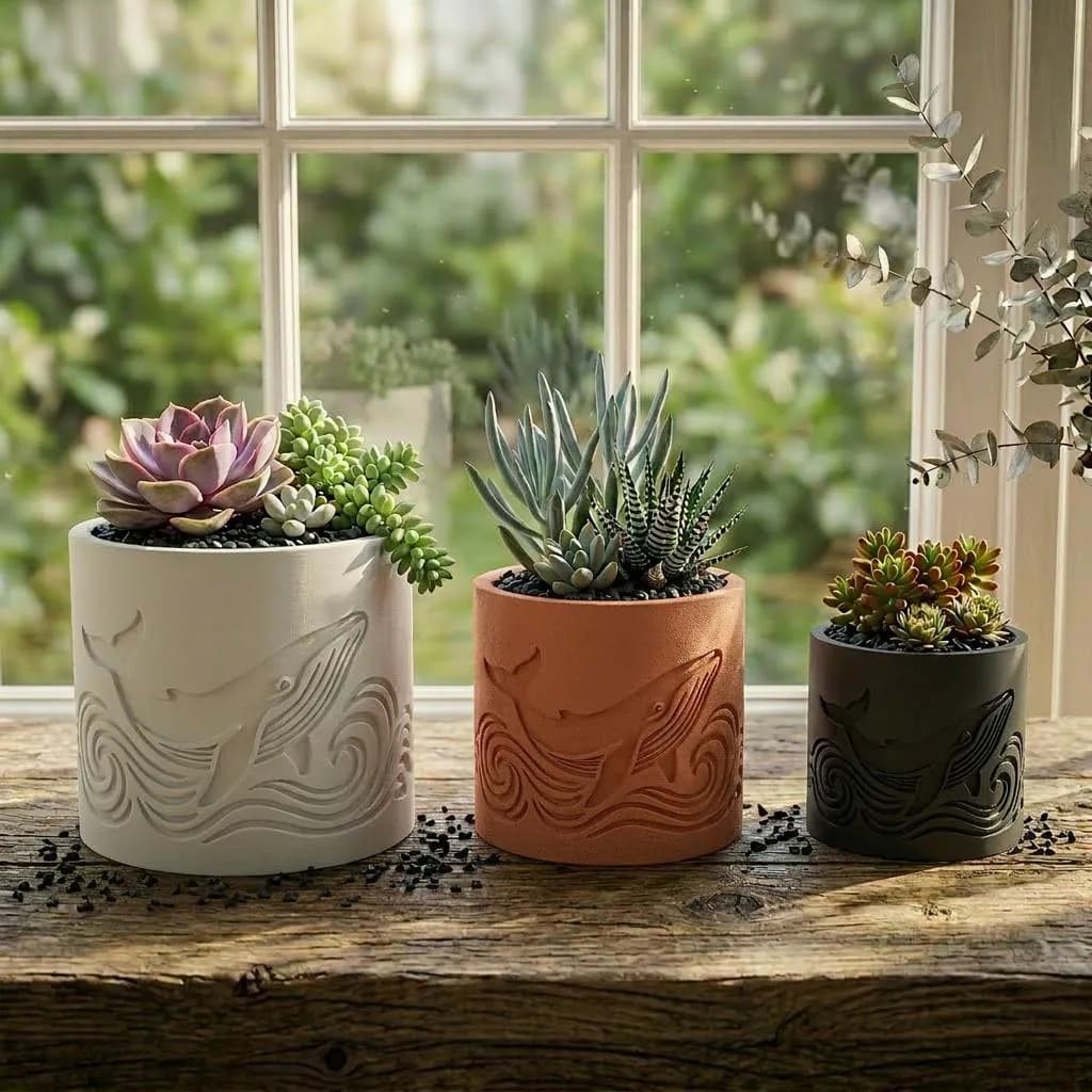 Whale Succulent Planter – Ocean Wave Embossed 3D Printed Pot, Sea Lover Gift, Coastal Decor