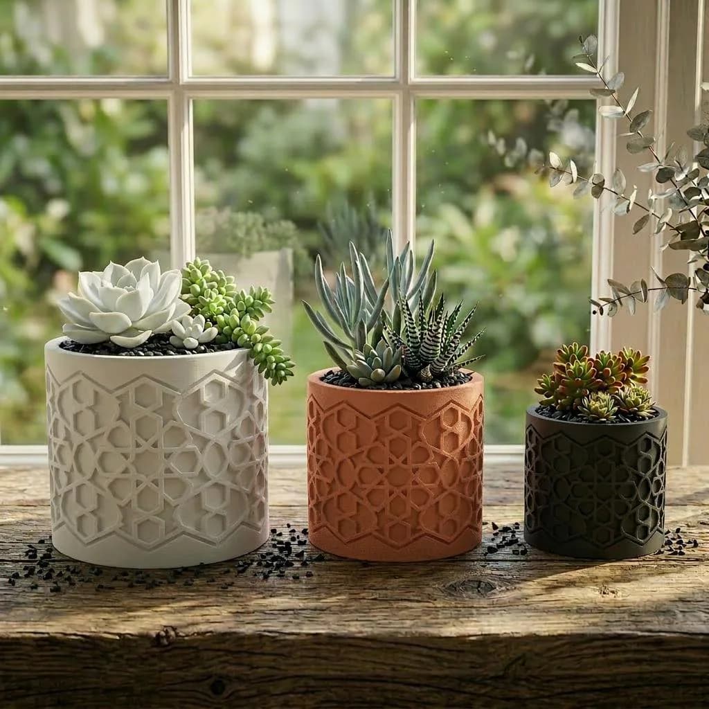 Honeycomb Succulent Planter – Hexagon Pattern Embossed 3D Printed Pot, Modern Geometric Decor