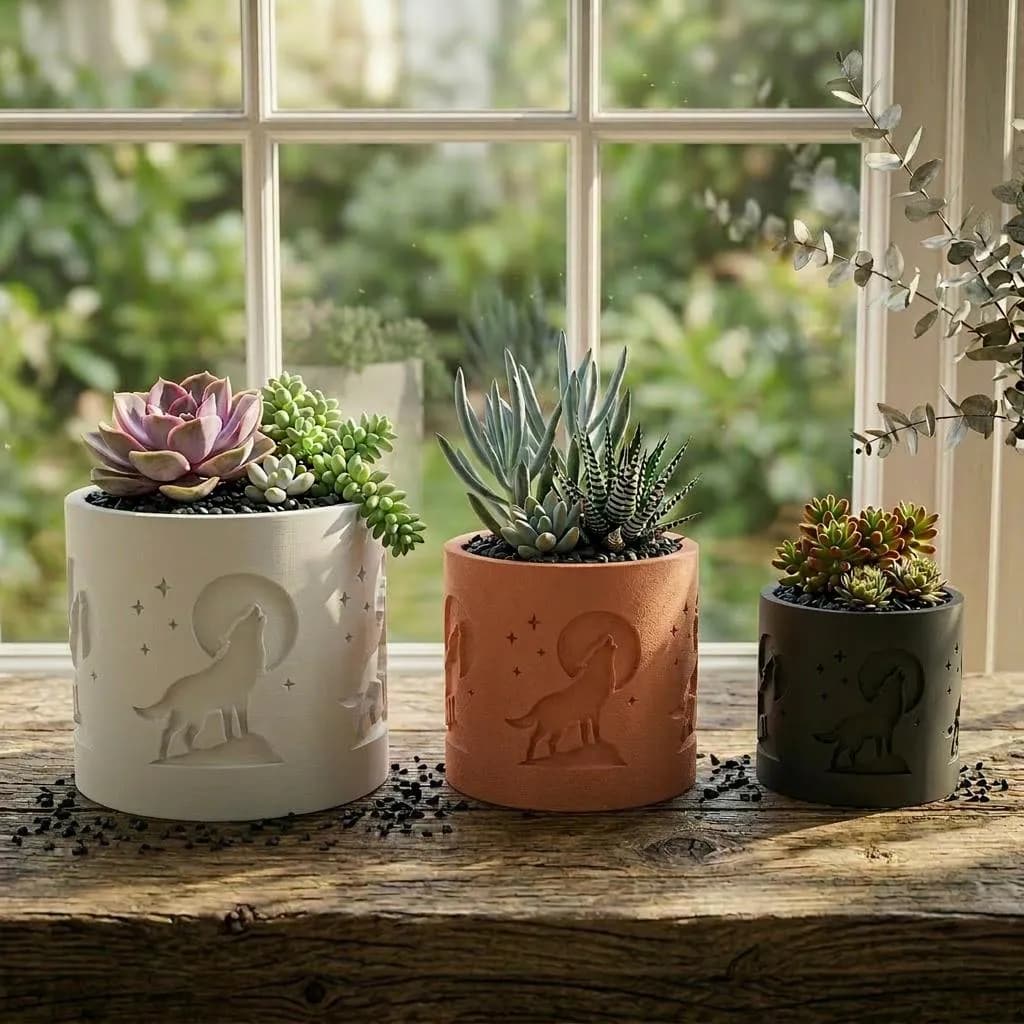Wolf Silhouette Succulent Planter – Embossed 3D Printed Pot, Nature Lover Gift