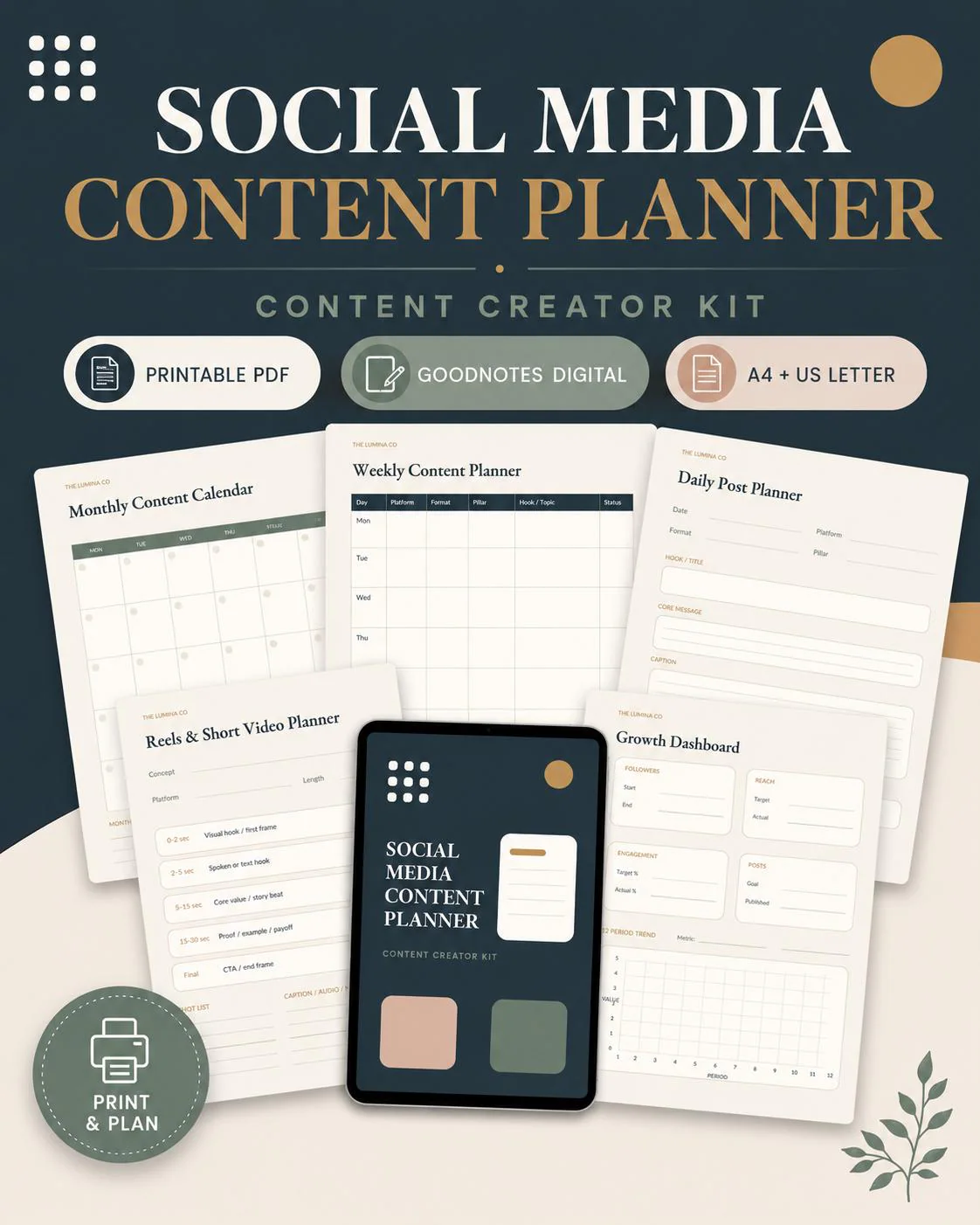 Social Media Content Planner Printable, Instagram Content Calendar PDF, Undated Post & Reels Planner, Digital GoodNotes, Content Creator Kit