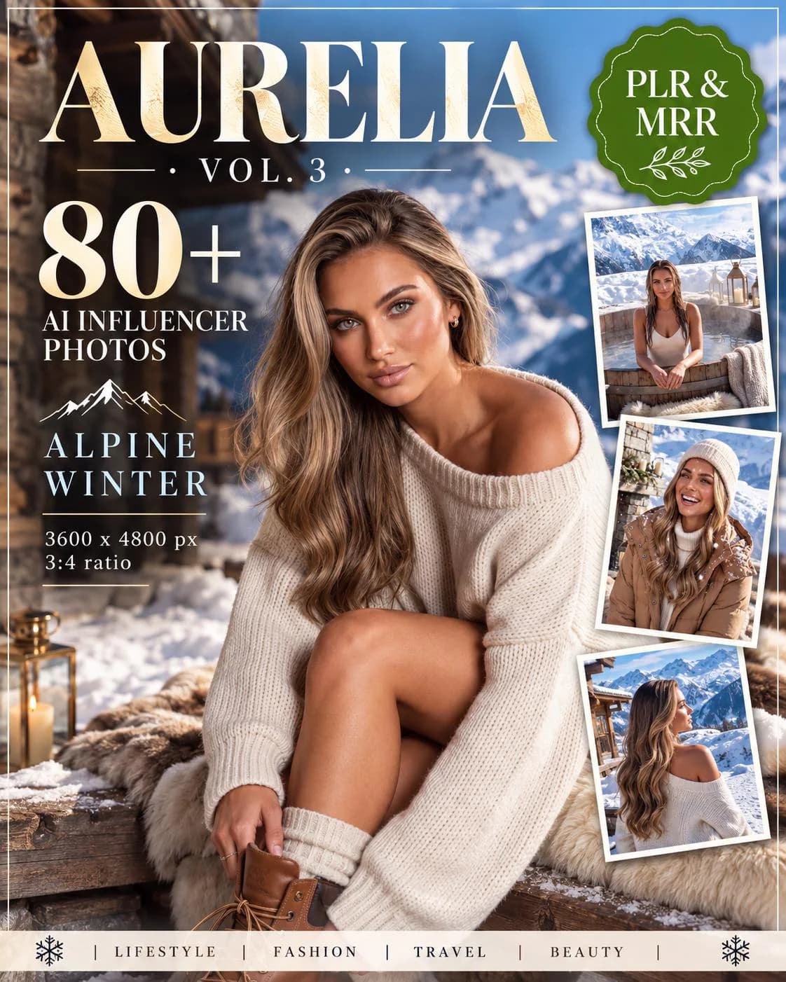 Winter AI Influencer Photos MRR PLR, 84 Apres Ski Alpine Chalet Lifestyle Images, Snow Mountain Instagram Photo Bundle