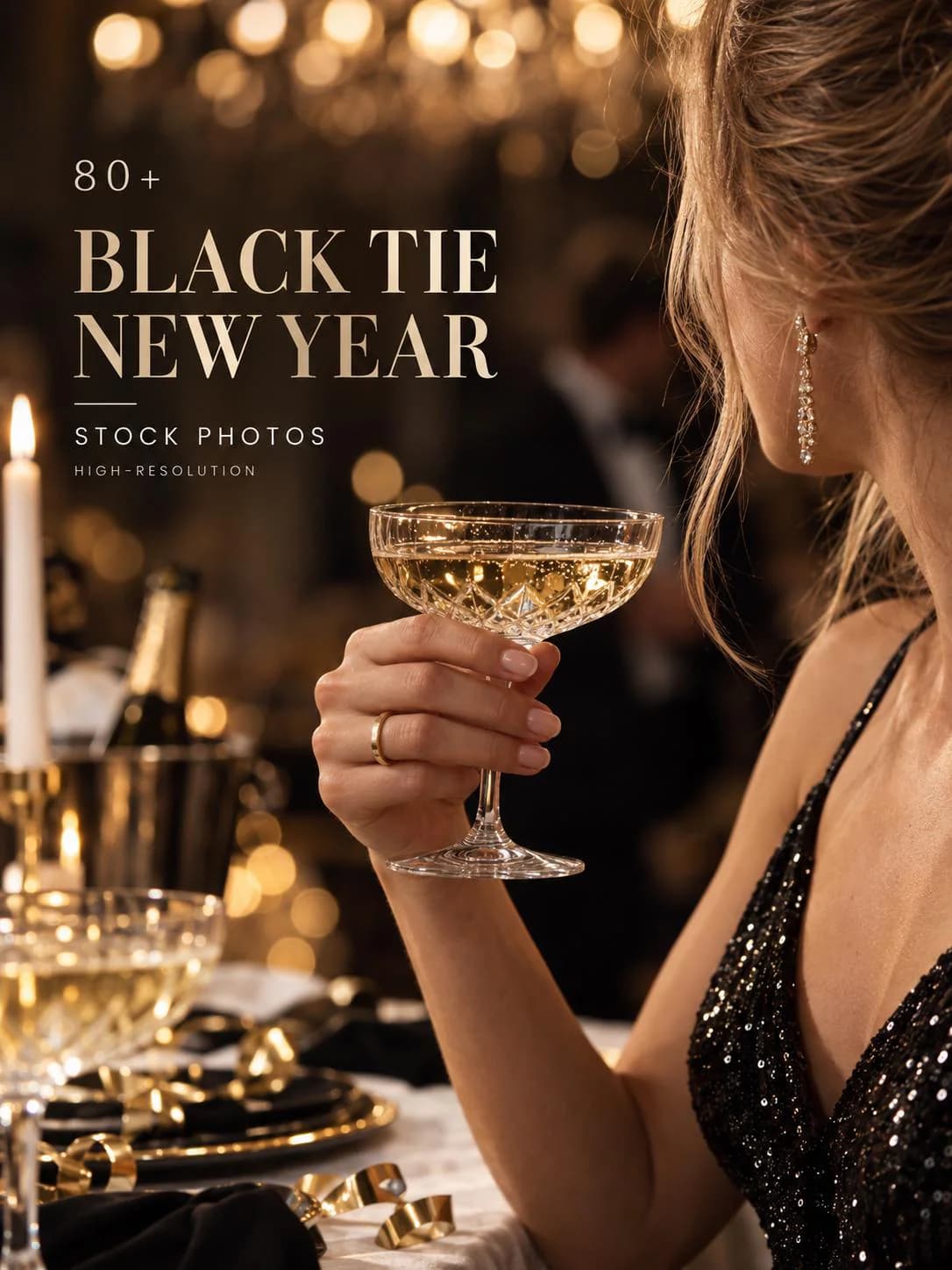 New Year Stock Photos MRR PLR, 91 Black Tie Gold Champagne NYE Party Images, Glitter Confetti Instagram Photo Bundle