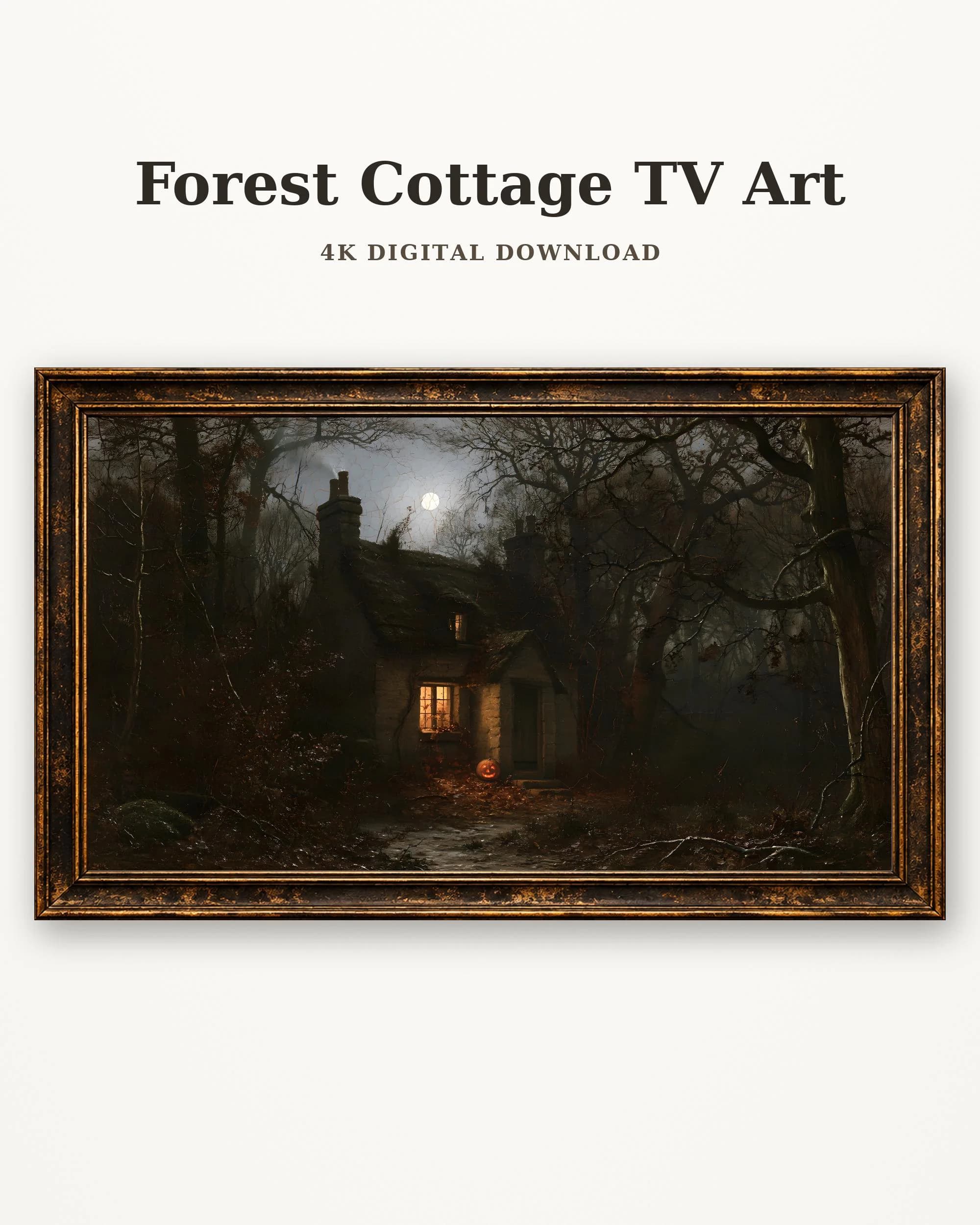 Cottage Frame TV Art, Vintage Halloween Woodland Cabin with Pumpkin Oil Painting, Samsung Frame TV Digital Download, Cozy Fall Decor