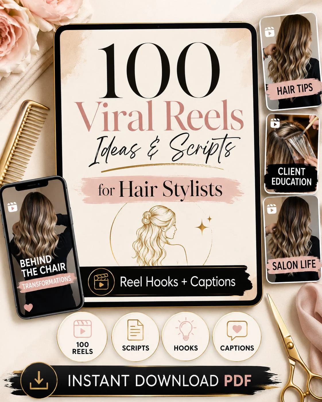 Hairstylist Instagram Reels Ideas, Scripts, Hooks + Captions (PDF Download)