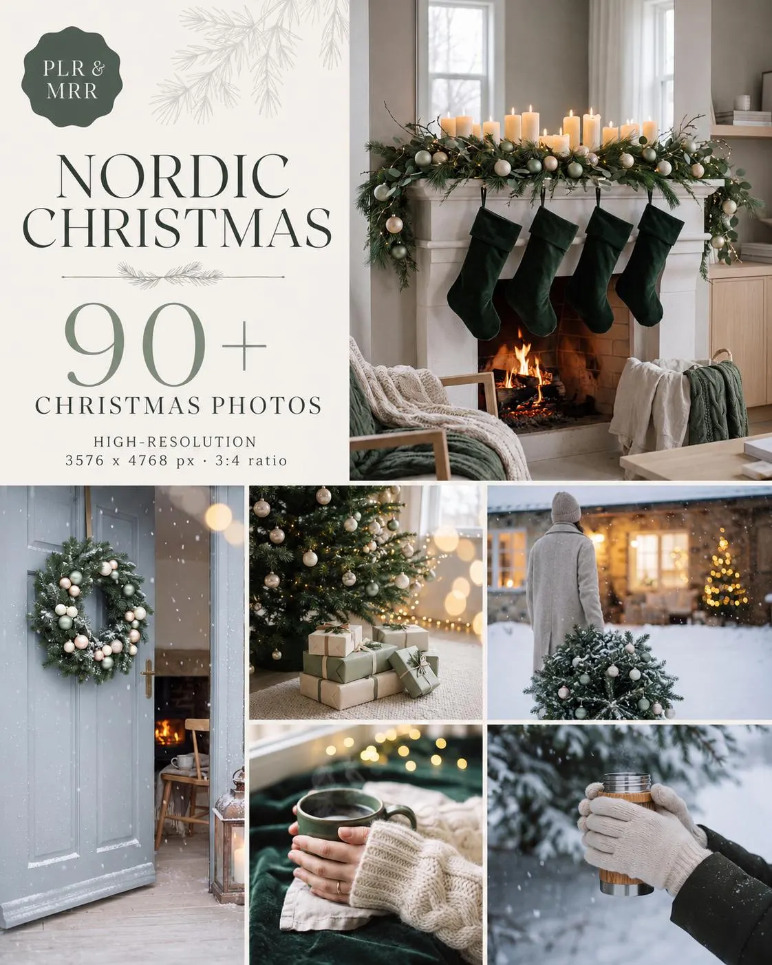 Christmas Stock Photos MRR PLR, 94 Nordic Scandi Sage Green Faceless Images, Cozy Holiday Instagram Photo Bundle