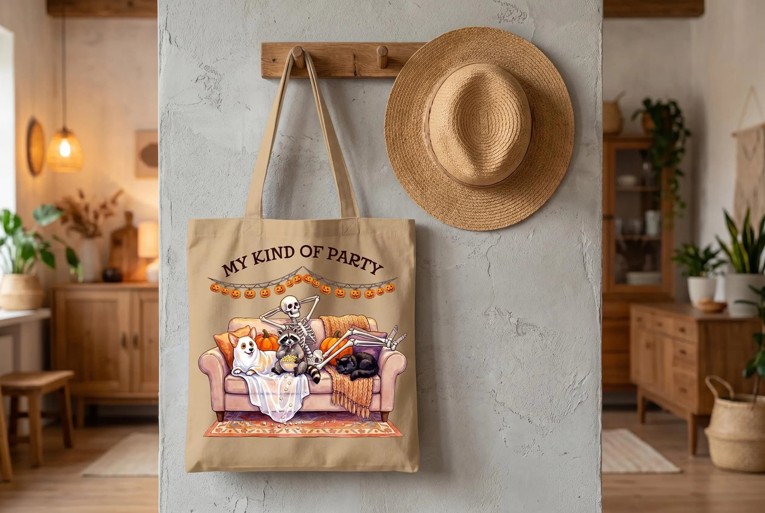Introvert shirt tote bag — "MY KIND OF PARTY" with skeleton on pink couch, corgi dog, raccoon eating popcorn, black cat, pumpkin, blankets, jack-o-lantern garland. Skeleton Halloween raccoon clipart PNG.