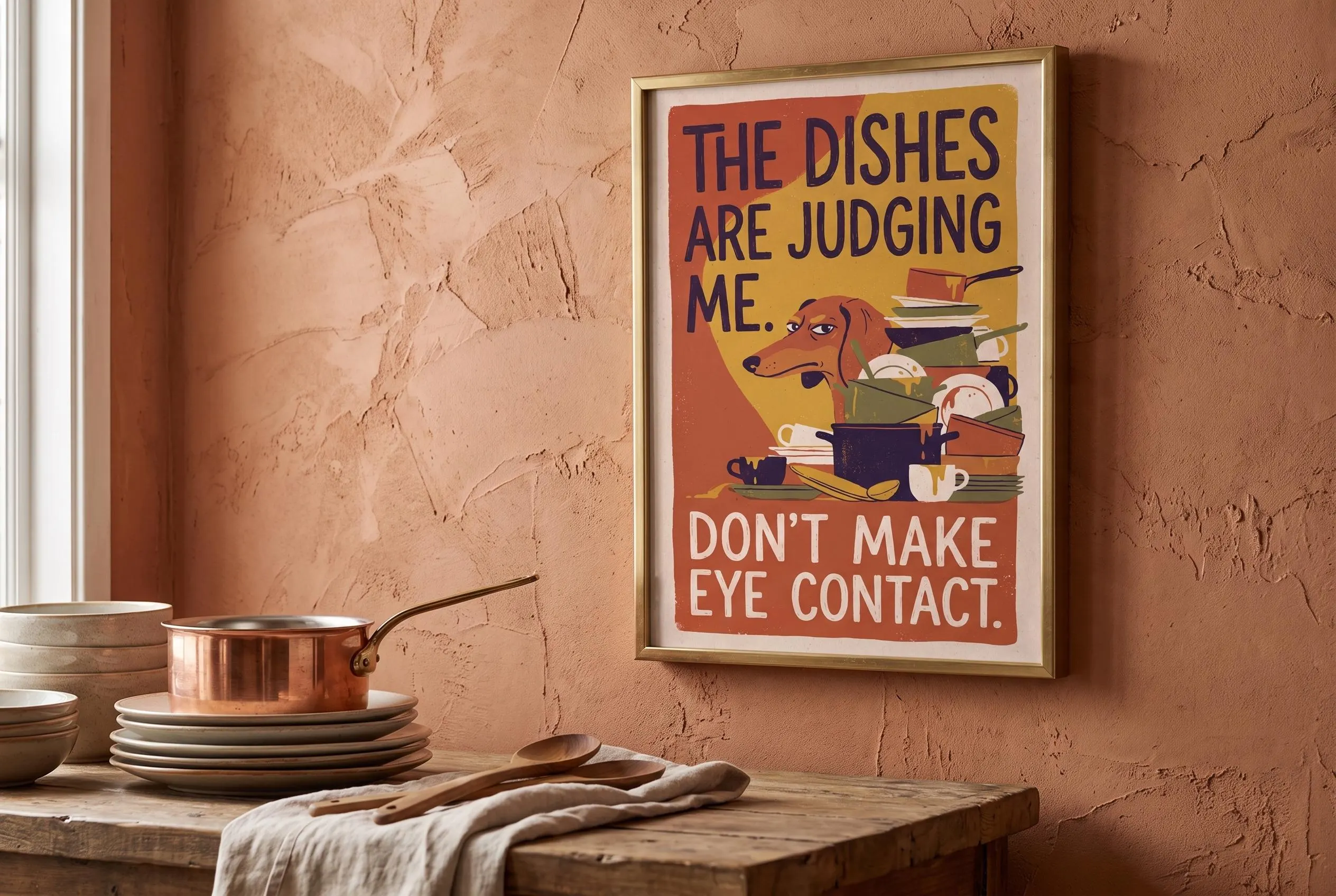 Retro poster chaotic neutral wall art with a red dachshund glaring sideways from behind a huge pile of unwashed dishes, pots, and mugs. Bold vintage typography reads "The dishes are judging me. Don't make eye contact." Retro cartoon illustration with grainy texture in warm burnt orange, mustard yellow, cream, forest green, and dark navy palette. Dog poster kitchen sign humor poster charm with dark humor and dachshund art energy.
