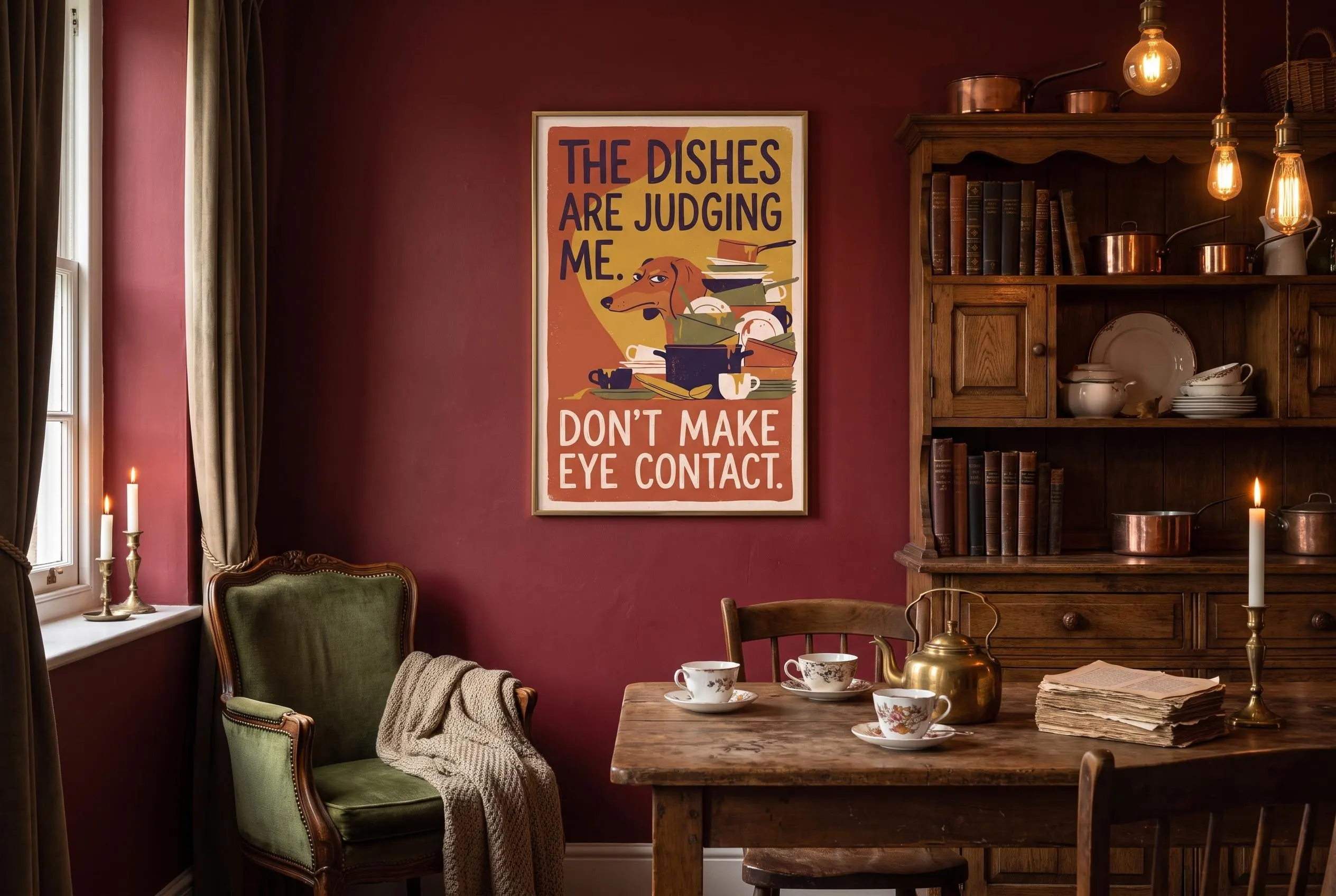 Vintage posters dachshund kitchen wall art featuring a suspicious sausage dog with narrowed eyes peeking out from a stack of dirty dishes, spilled sauce, and mismatched cookware. Bold retro typography reads "The dishes are judging me. Don't make eye contact." Retro cartoon illustration with grainy poster texture in warm burnt orange, mustard, cream, forest green, and dark navy. Dog art kitchen sign humor poster with chaotic neutral charm.