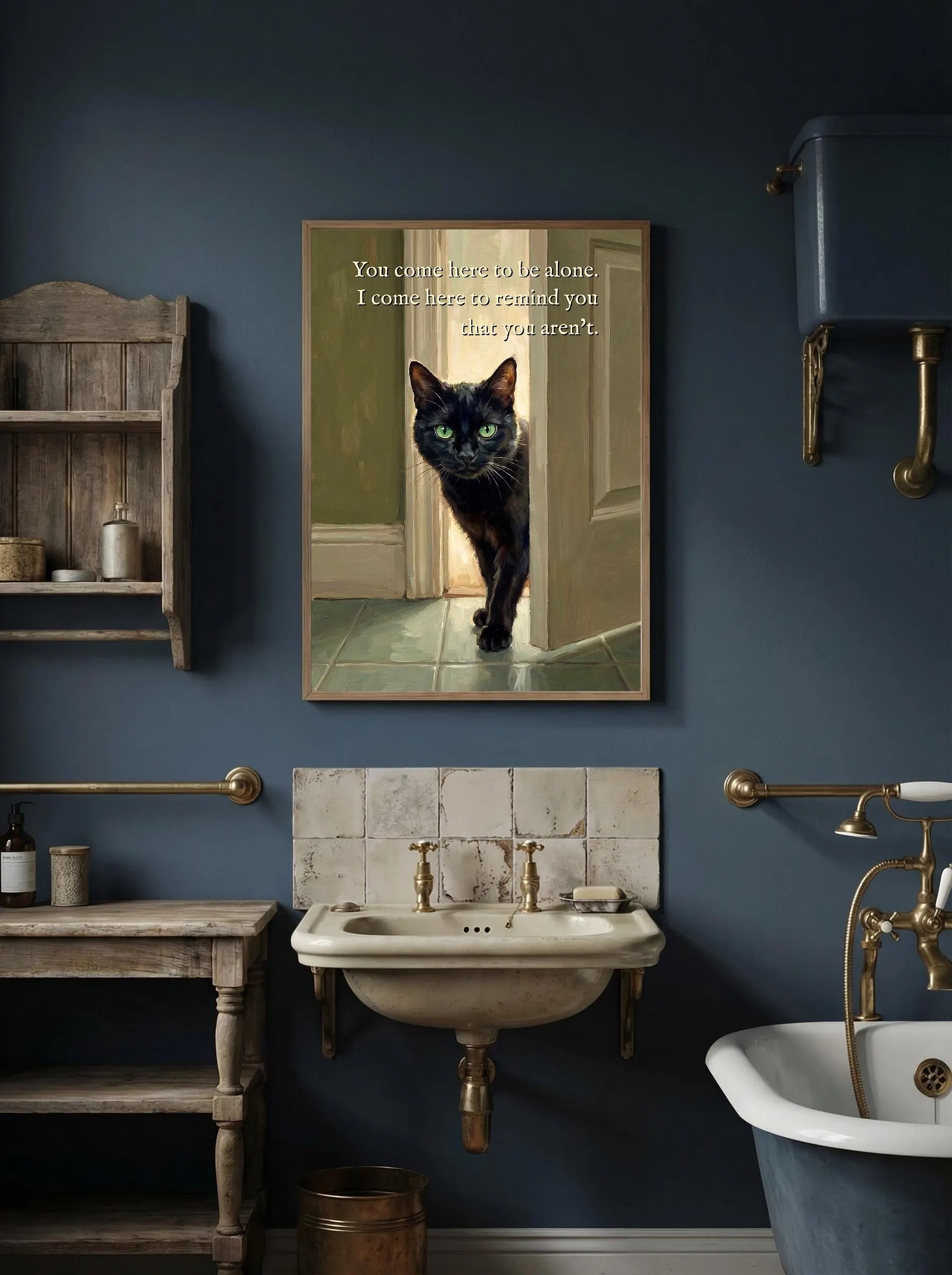 Sarcastic cat poster, oil painting aesthetic. Black cat with glowing green eyes pushing through an open door toward the viewer, warm backlit doorway, green tiles. Quote: "You come here to be alone. I come here to remind you that you aren't." Funny bathroom wall art digital download.
