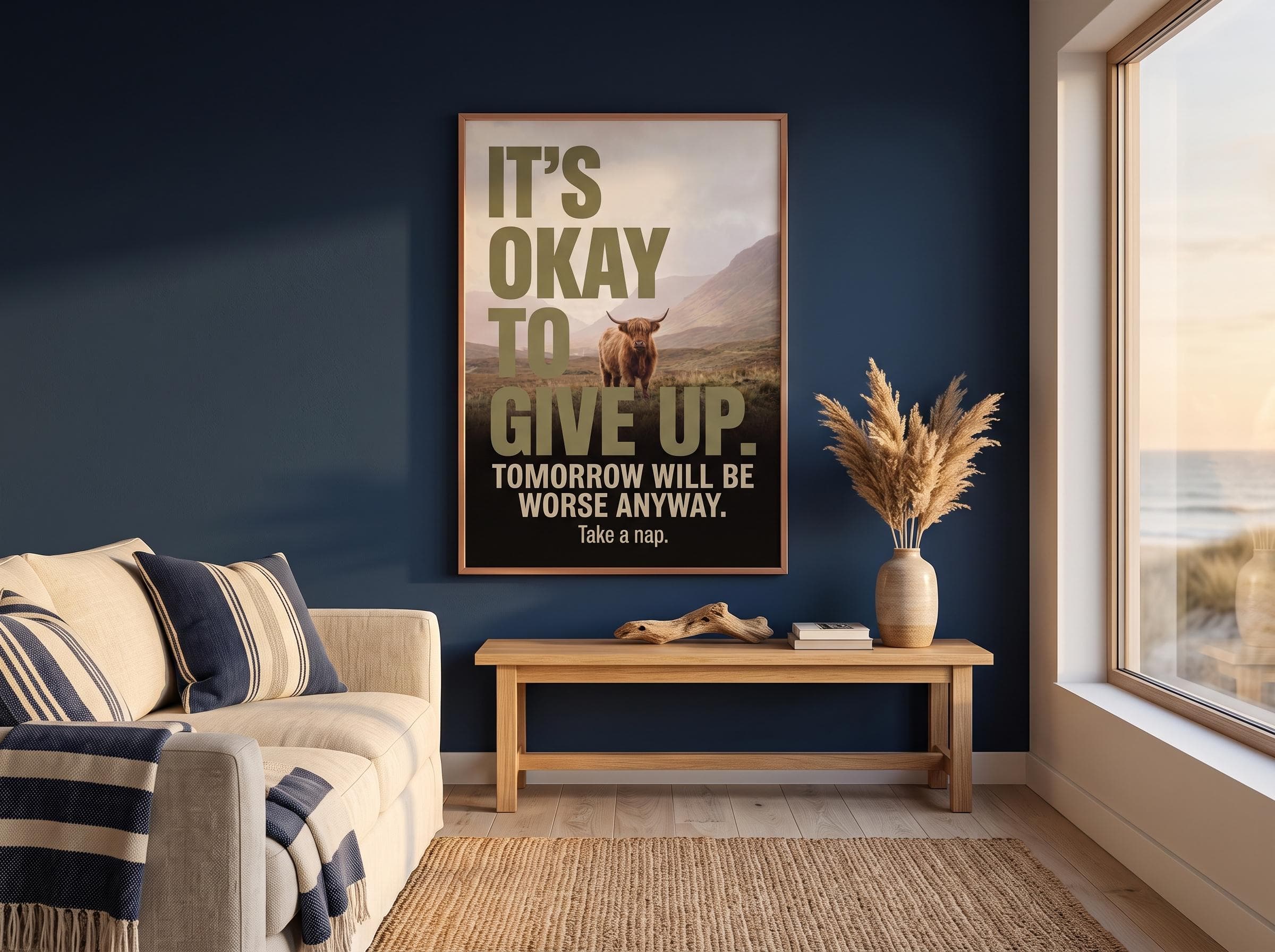 Dark humor typography poster featuring a lone Highland cow in a foggy mountain valley. Large olive-gold lettering delivers a nihilist punchline about giving up before tomorrow makes it worse. A funny wall art print with cinematic contrast and dry, sardonic wit.