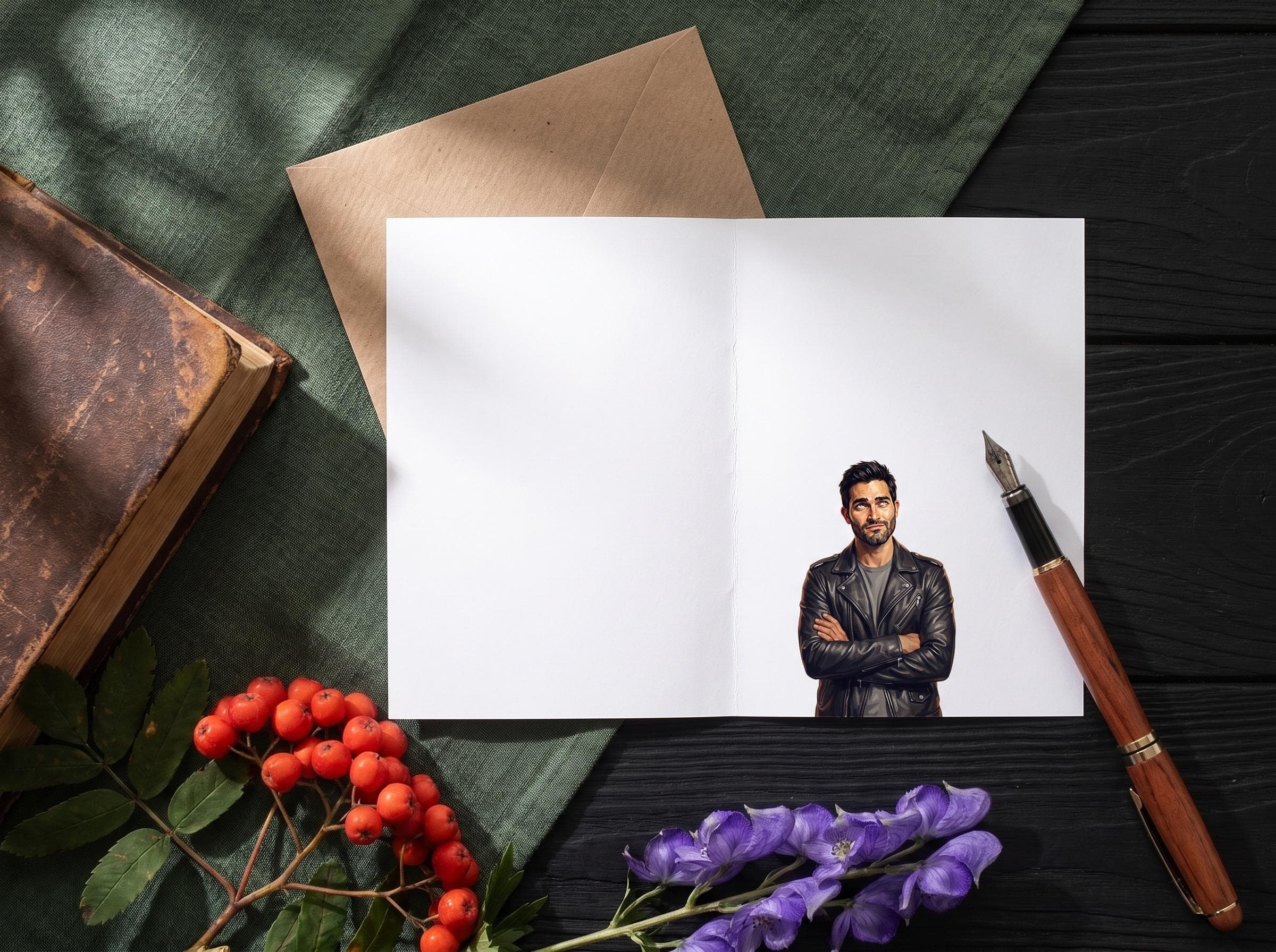 Inside of the Derek Hale birthday card: a blank white spread for your own message, with a small illustration of Derek in his black leather jacket over a gray tee, arms crossed, rolling his eyes with a tiny reluctant smirk. A comfort character touch and a Teen Wolf gift for any fan.