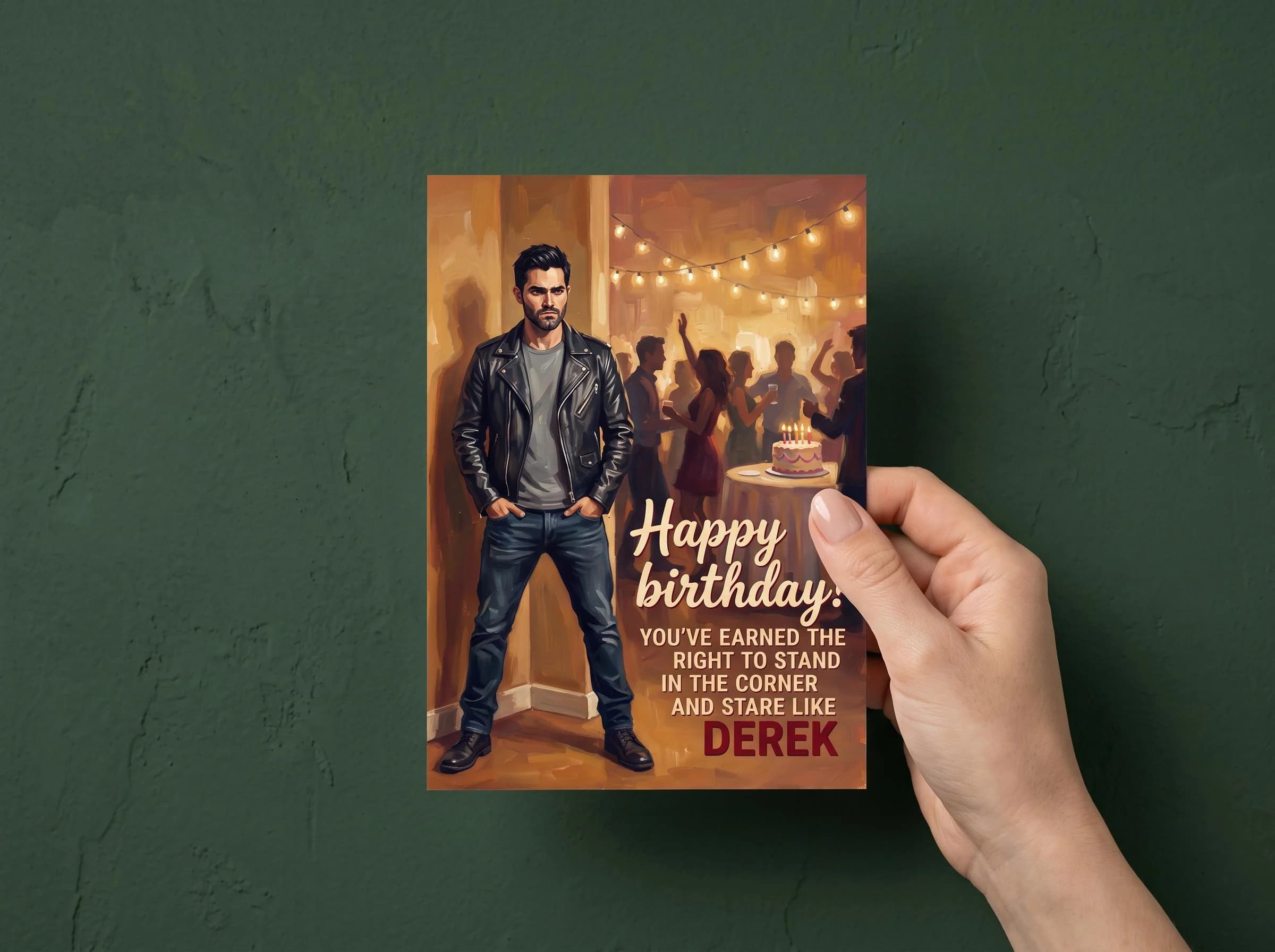 Funny birthday card printed and ready to give: Derek Hale in a black leather jacket and jeans leans into the corner, hands in pockets, staring down the birthday party. Caption: Happy birthday! You've earned the right to stand in the corner and stare like Derek. A werewolf card and friend birthday card for a 30th birthday or any introvert who hates parties.