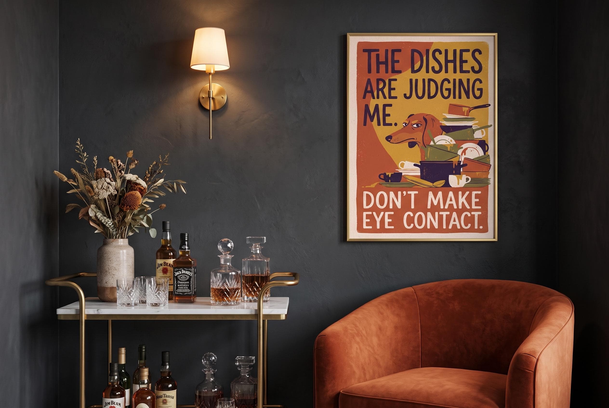Dachshund art dishes humor print showing a red dachshund with sharp side-eye and a long snout peering out from a tall stack of dirty plates, pots, cups, and utensils. Bold retro typography reads "The dishes are judging me. Don't make eye contact." Vintage cartoon illustration with grainy poster texture in warm burnt orange, mustard, cream, forest green, and dark navy palette. Chaotic neutral kitchen sign humor poster with dark humor charm and dog art energy.