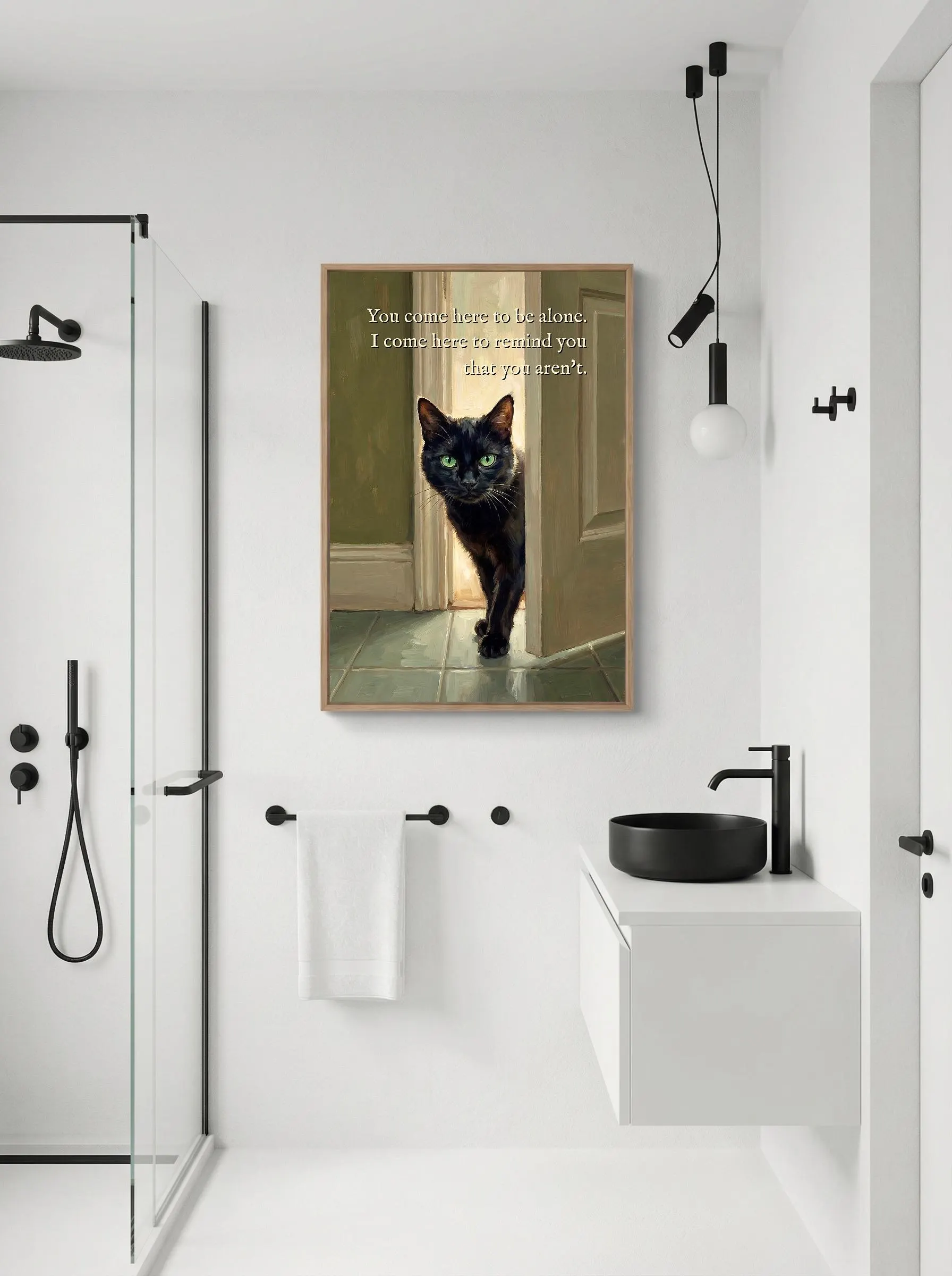 Oil painting style poster. Sleek black cat with vivid green eyes walks through an open bathroom door toward the viewer, warm golden backlight behind, sage green floor tiles below. Painterly impressionist style. Quote: "You come here to be alone. I come here to remind you that you aren't." Funny black cat bathroom art print.