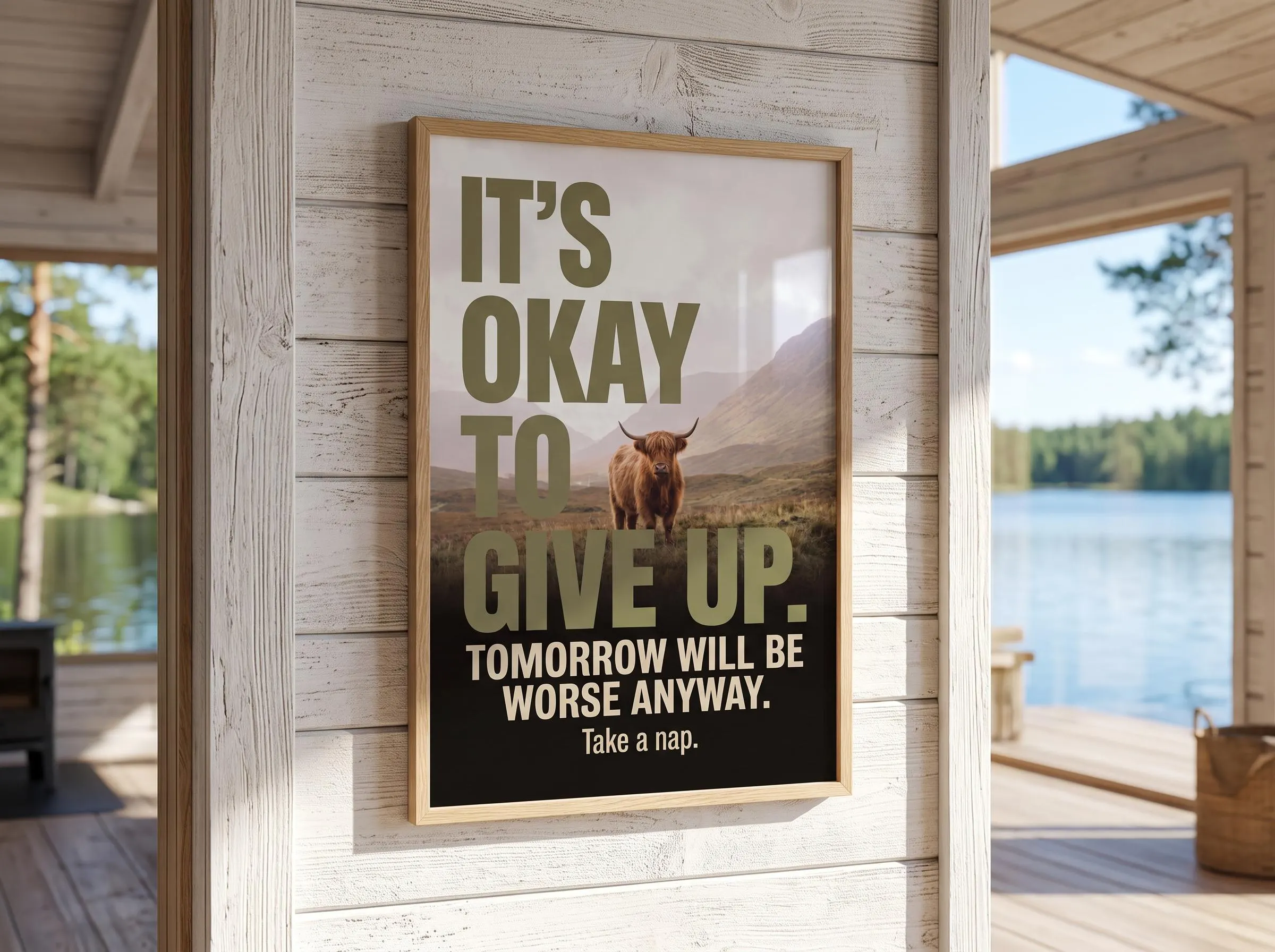 Gag gift motivational-poster parody with a shaggy Highland cow in a misty Scottish valley. Large olive-gold letters spell out a nihilist punchline about tomorrow being worse. A funny wall art print with dark humor edge and dry, self-aware mood.