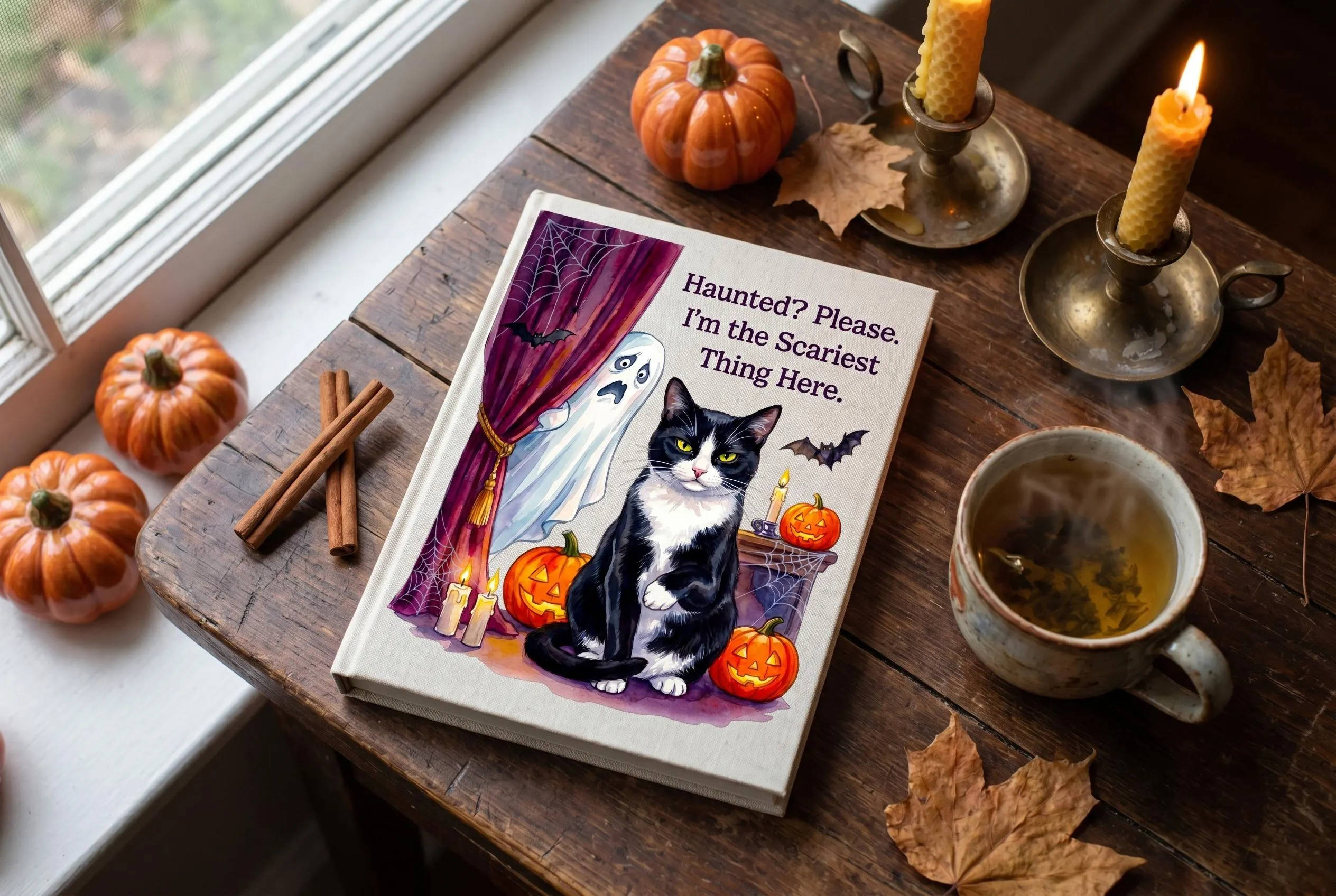 Black cat Halloween notebook — confident tuxedo cat, scared ghost peeking from purple curtain, orange pumpkins with carved faces, candles, spiderweb with spider, flying bats. "Haunted? Please. I'm the Scariest Thing Here" meme Halloween shirt.