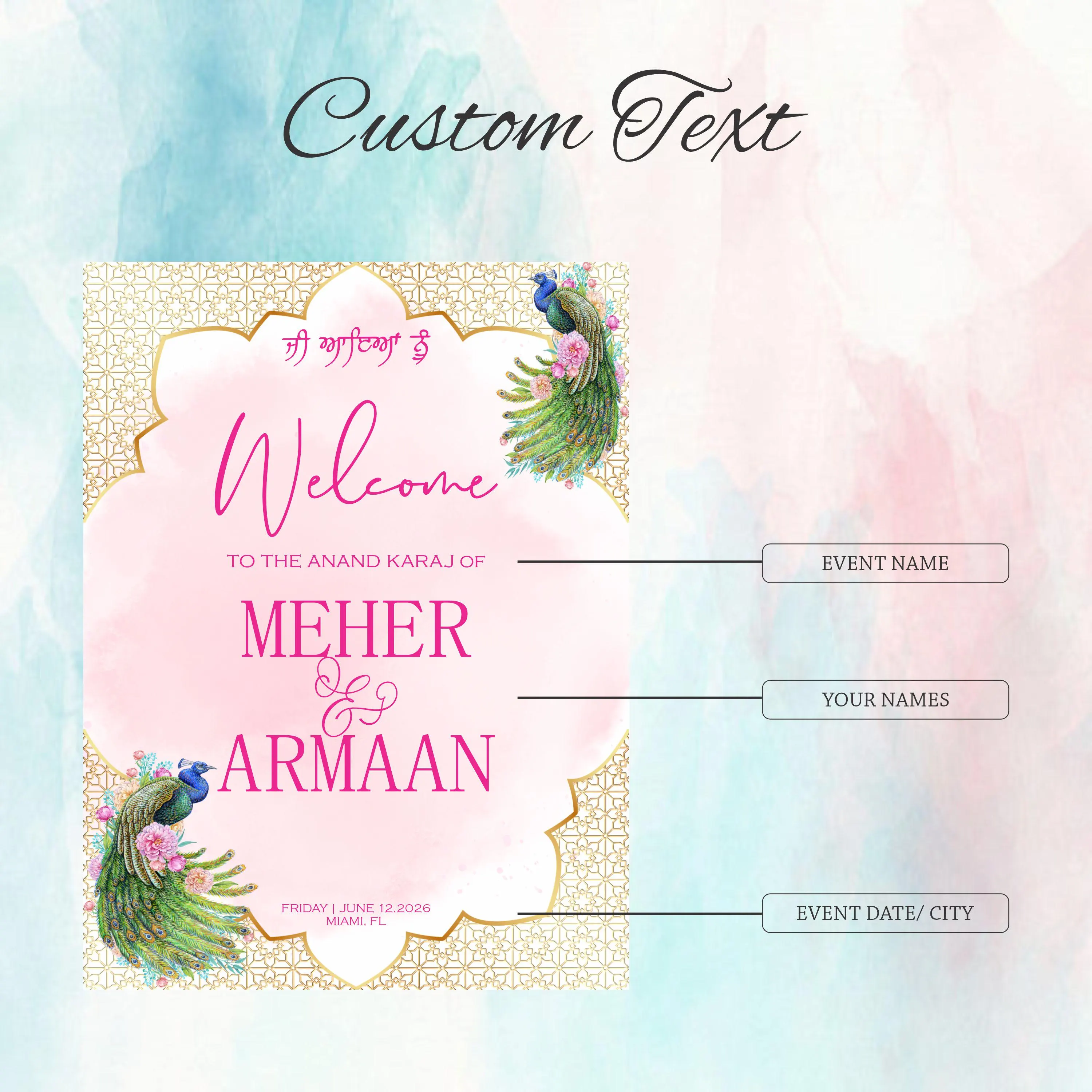 Anand Karaj Acrylic Welcome Sign | Sikh Wedding Ceremony Decor, Peacock Design - image 3