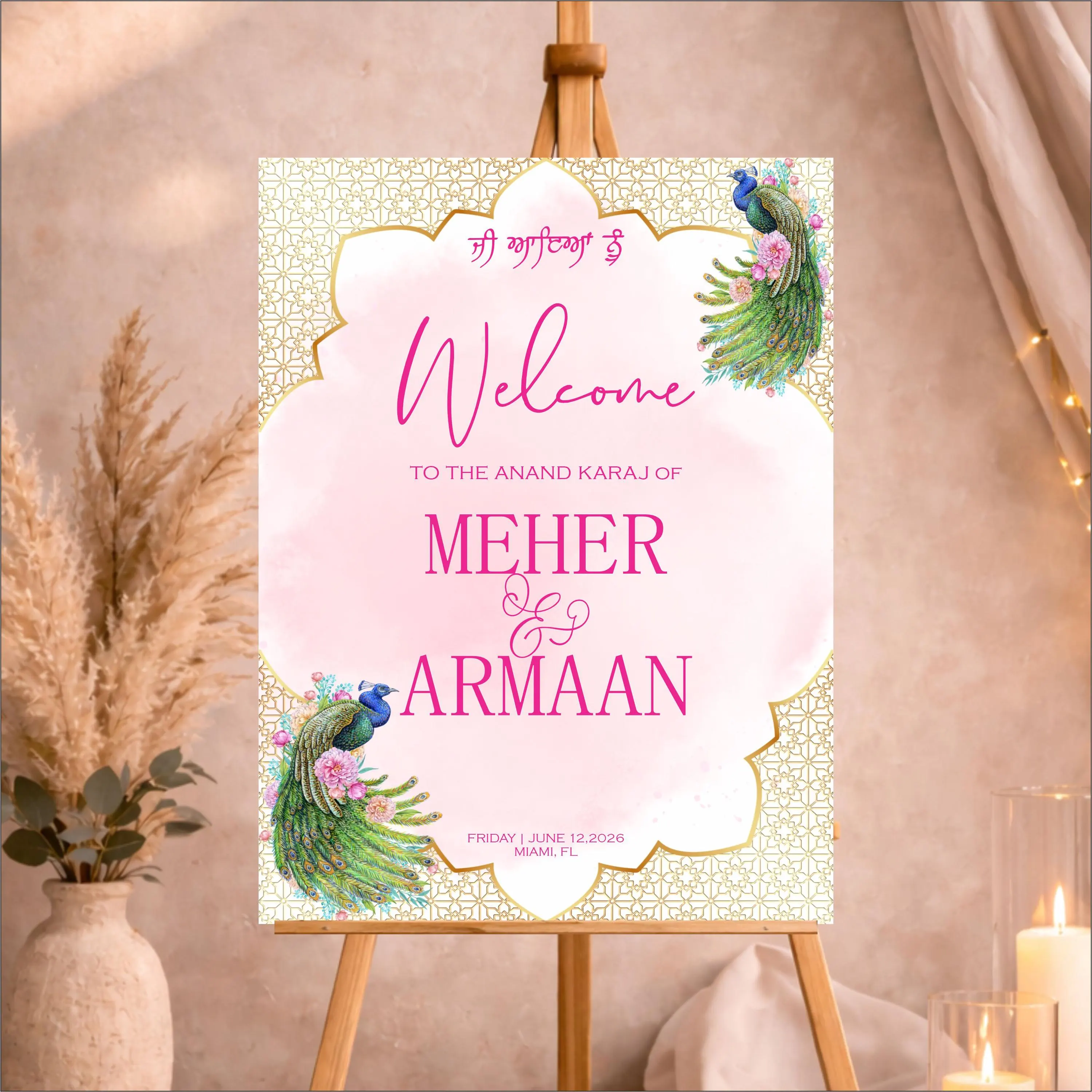 Anand Karaj Acrylic Welcome Sign | Sikh Wedding Ceremony Decor, Peacock Design - image 4