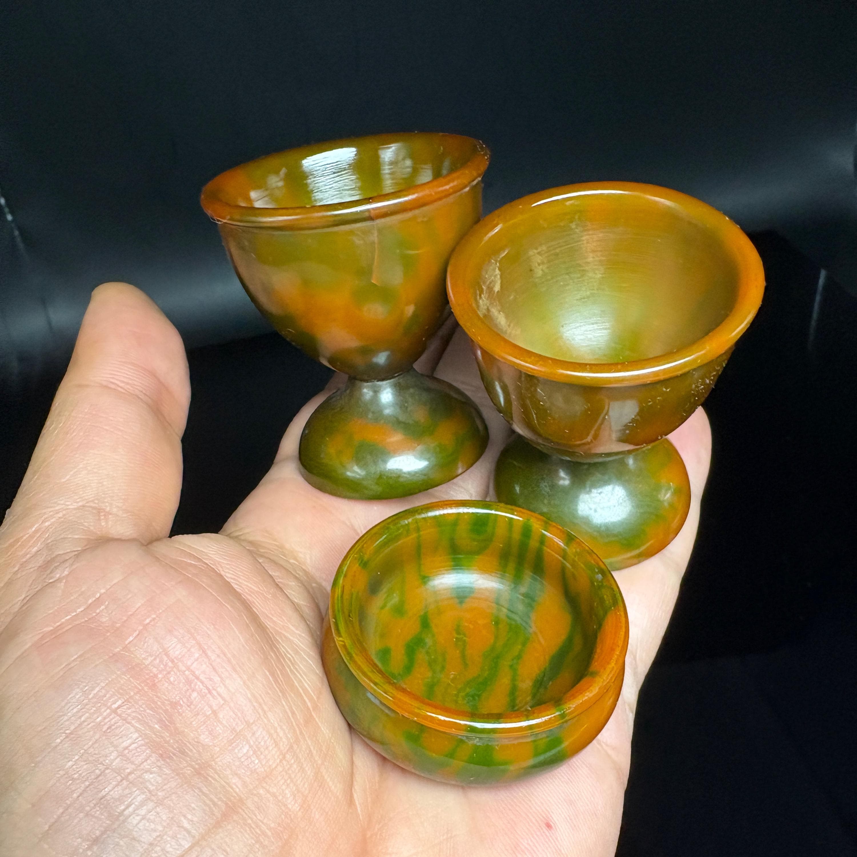 Multicolor Antique Catalin Art Deco Collector Set, Marbled Bakelite Mini Display Bowls 3pcs