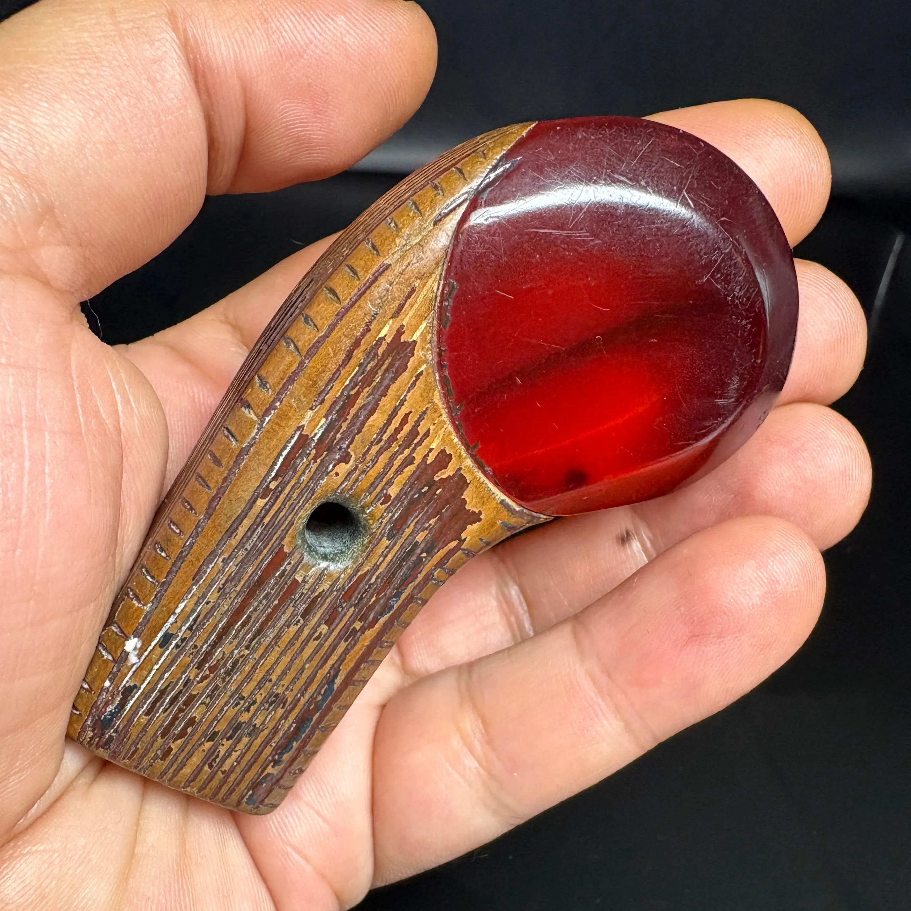 Vintage Catalin Bakelite Umbrella Handle 1940s Transparent Amber Red Wooden Grip Art Deco Collectible