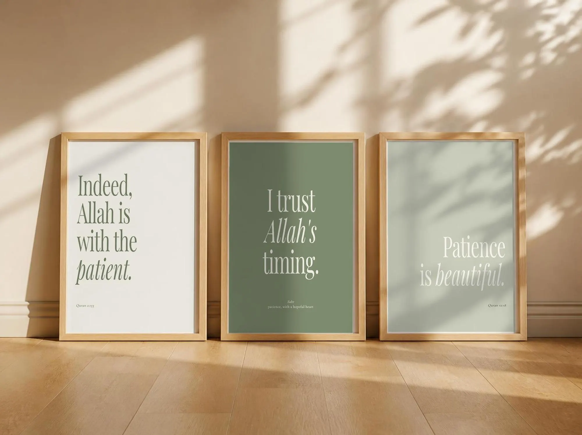 Islamic Wall Art Set of 3, Sage Green Quran Quote Prints, Sabr Patience, Minimalist Muslim Decor, Printable