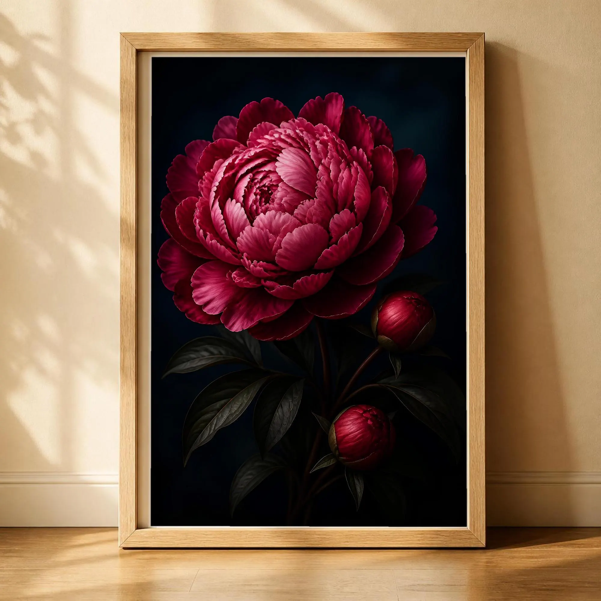 Crimson Peony Print, Single Pink Peony with Buds, Dark Moody Flower Wall Art, Romantic Botanical Decor, Printable Wall Art, Digital Download