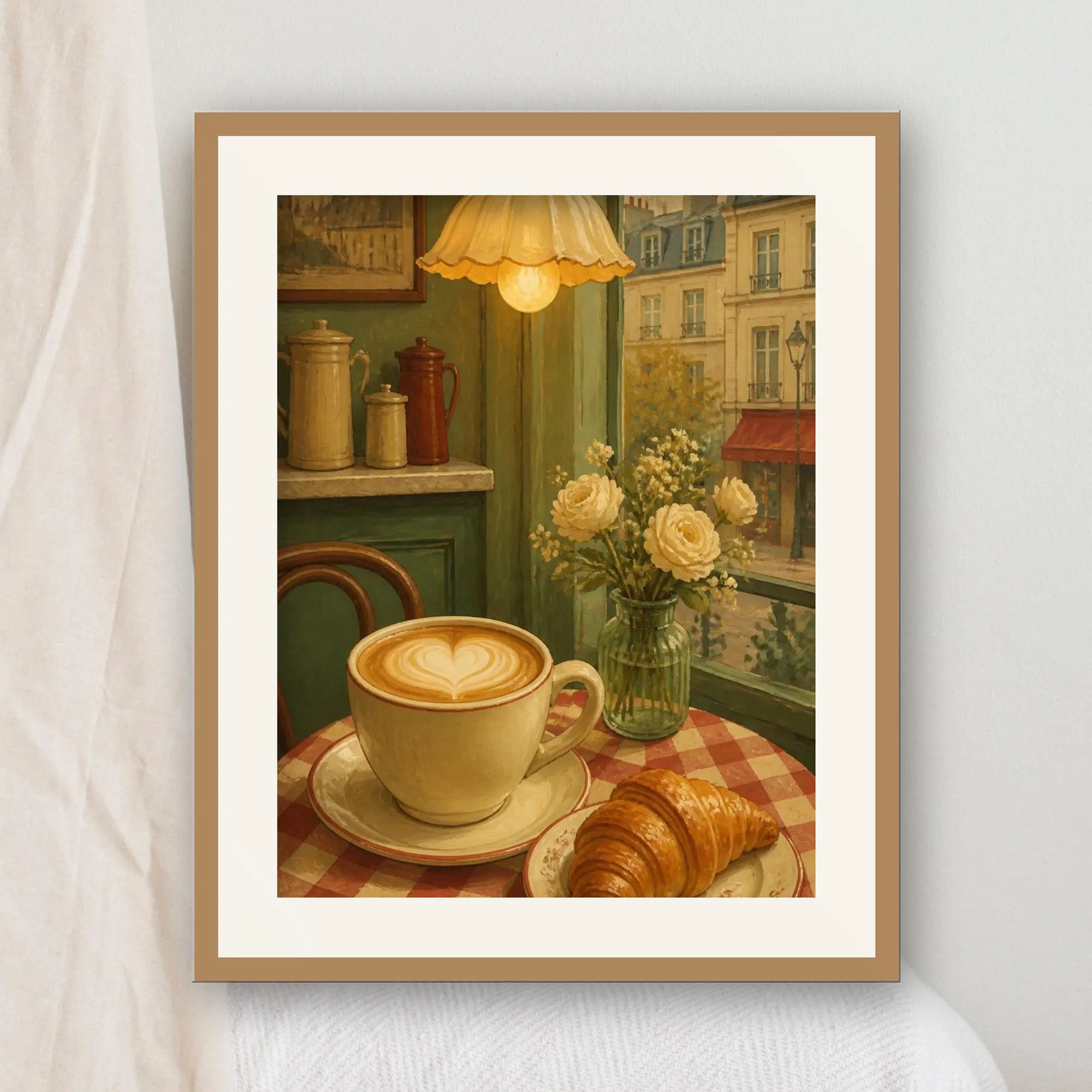 Parisian Cafe Latte Print, Coffee and Croissant Wall Art, Paris Kitchen Decor, Coffee Bar Art, Cozy Cafe Painting, Printable Download - image 2
