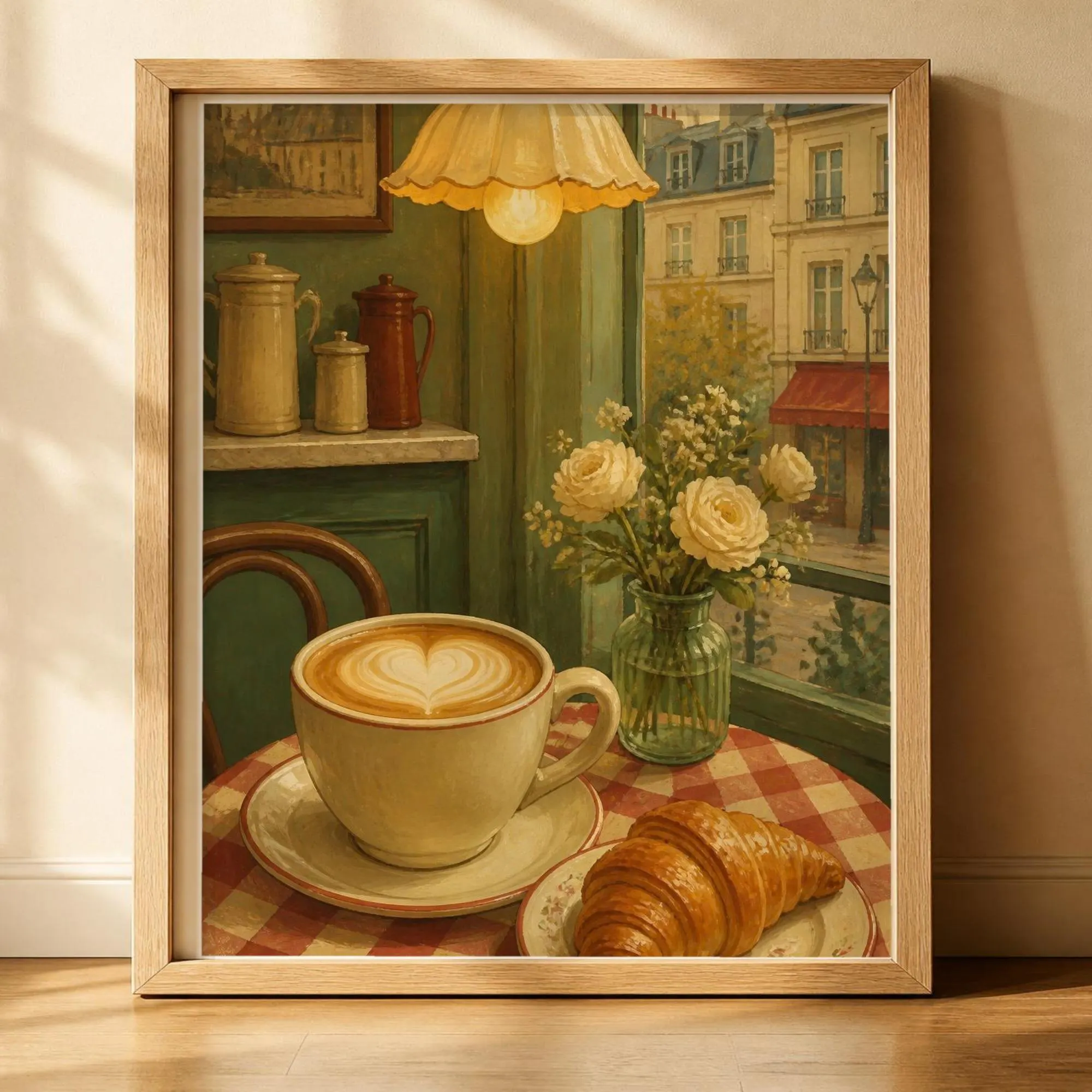 Parisian Cafe Latte Print, Coffee and Croissant Wall Art, Paris Kitchen Decor, Coffee Bar Art, Cozy Cafe Painting, Printable Download