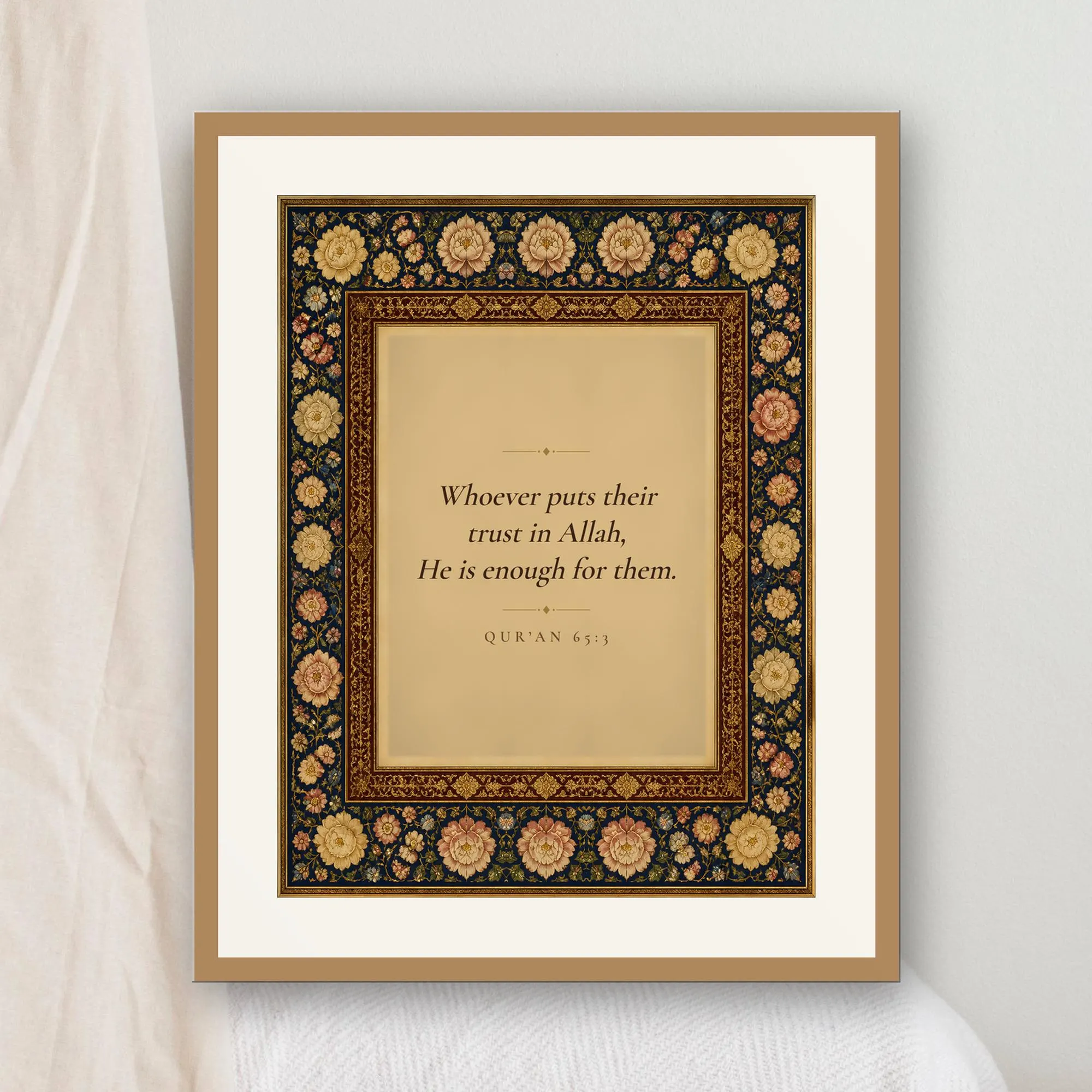 Trust in Allah Quran 65:3 Wall Art, English Quran Verse Print, Islamic Wall Decor, Navy Illuminated Floral Art, Printable - image 2