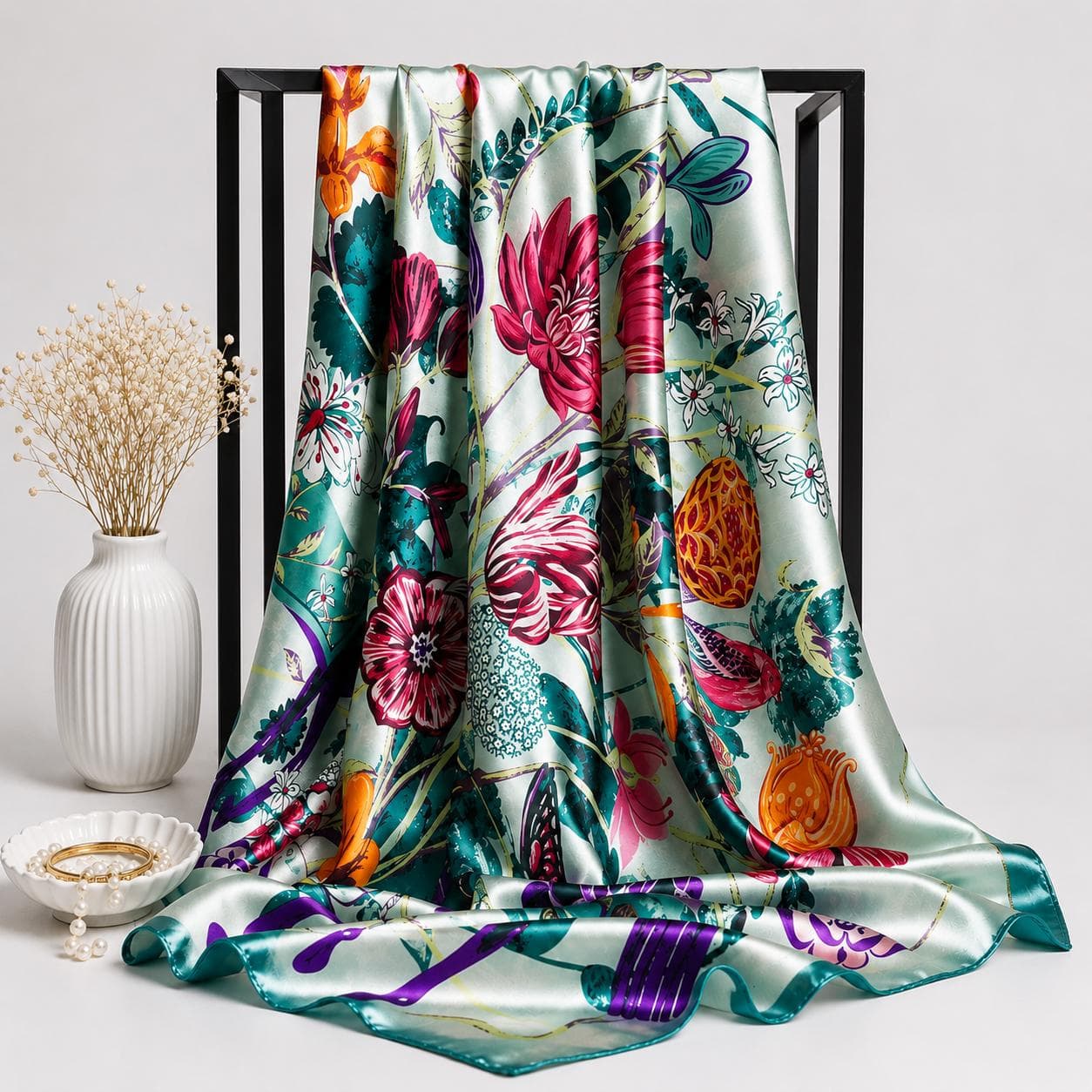 Floral Satin Silk Scarf Women, Elegant Square Hijab, Hair Wrap Bandana, Soft Shawl - image 4