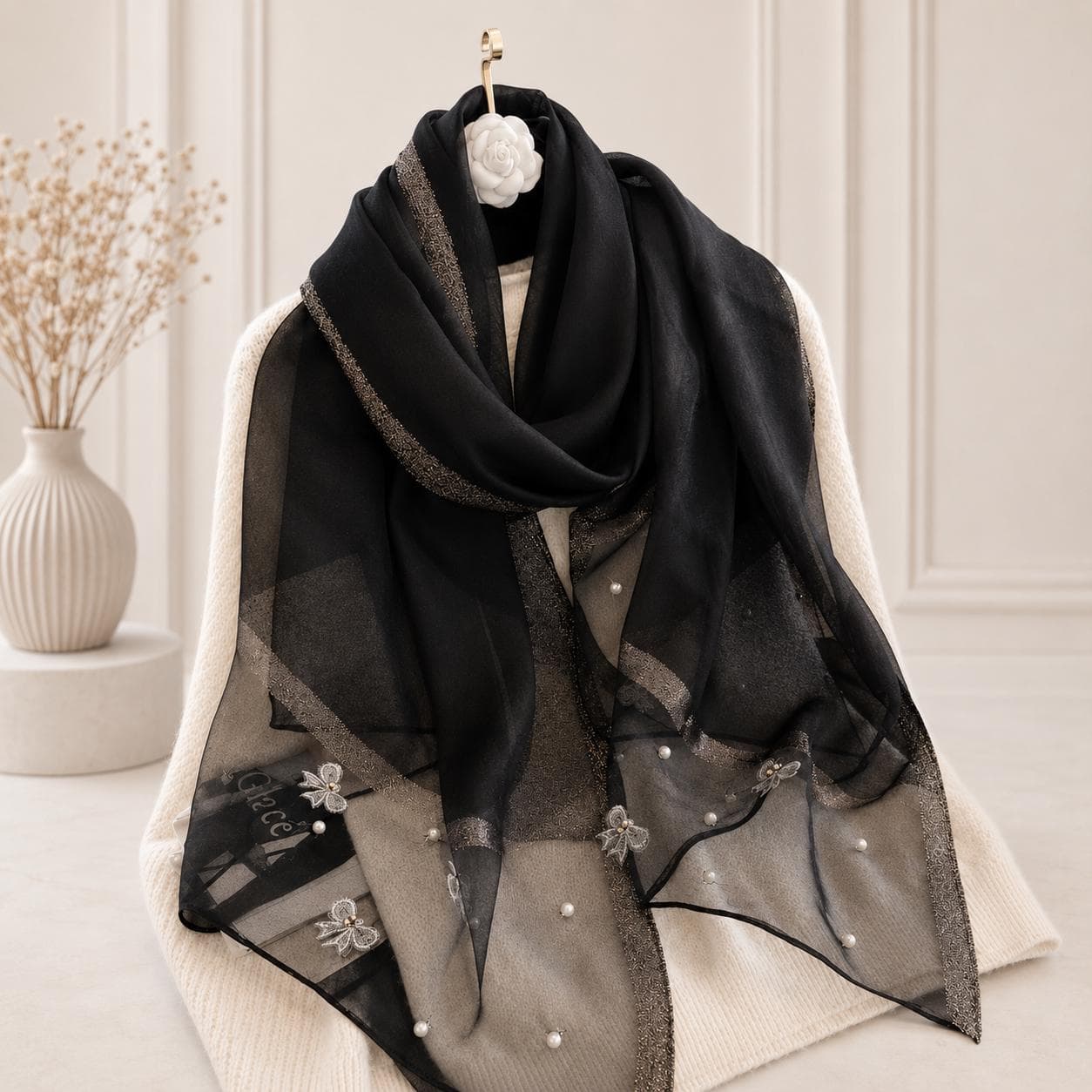 pearl Embellished Floral Organza Scarf, Sheer Wedding Shawl, Elegant Bridal Wrap, Formal Evening Scarf, Gift for Her - image 5