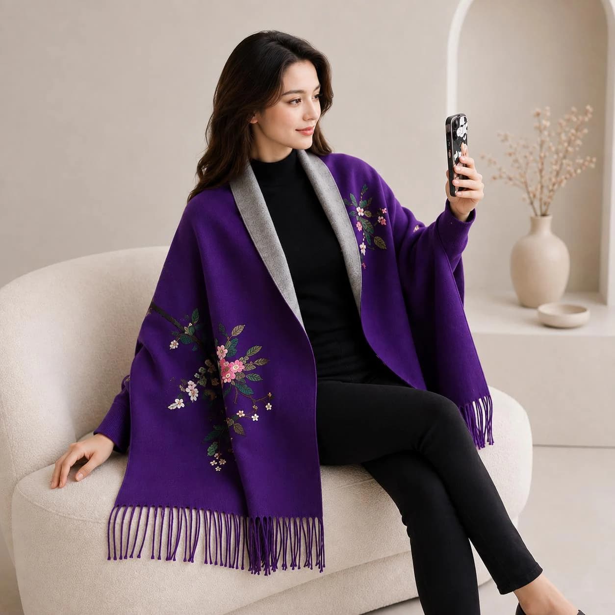 Women Embroidered Ruana Cape, Floral Shawl Wrap, Cozy Kimono Poncho with Fringe, Reversible Winter Wrap, Elegant Gift for Her - image 3