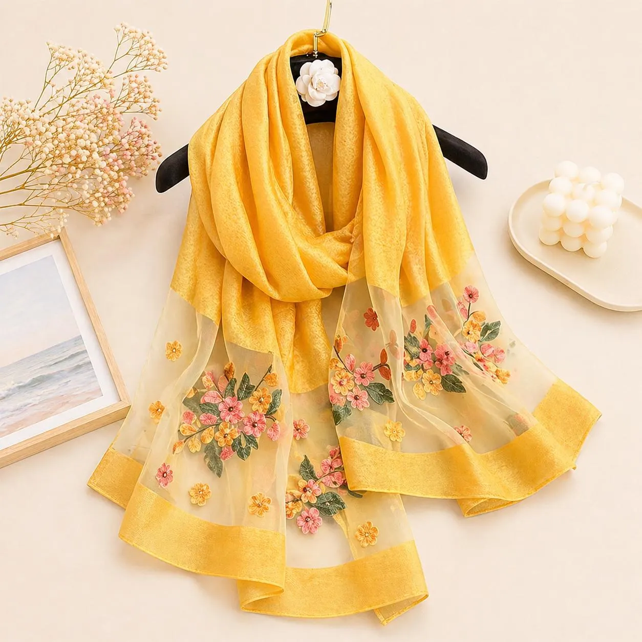 Floral Embroidered Silk Scarf, Lightweight Sheer Pashmina Shawl, Women's Headscarf Wrap Gift for Her - image 5