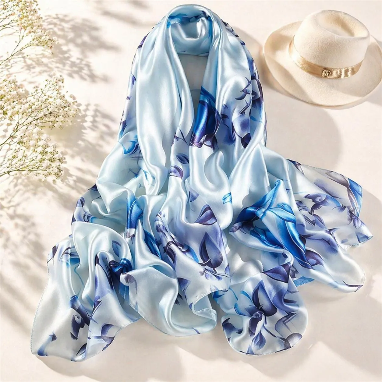 Floral Satin Silk Scarf Women, Lightweight Elegant Headscarf Wrap (180x90cm), Gift for Her - image 5