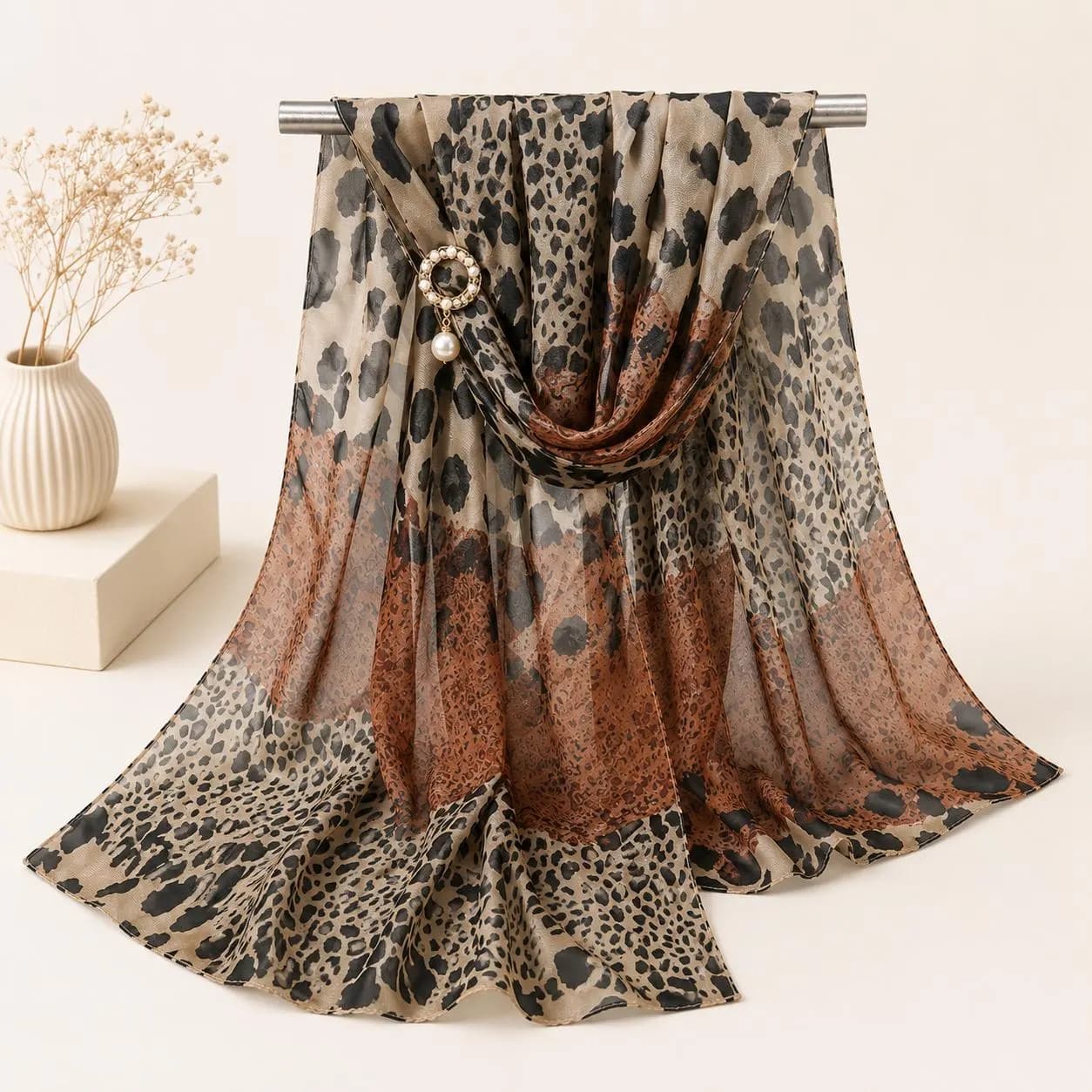 Leopard Floral Chiffon Scarf, Lightweight Sheer Summer Wrap, Boho Beach Cover-Up - image 2