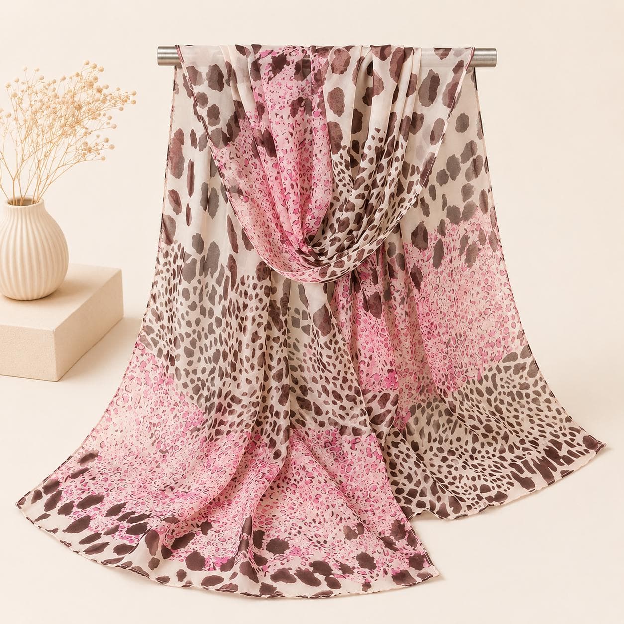 Leopard Floral Chiffon Scarf, Lightweight Sheer Summer Wrap, Boho Beach Cover-Up