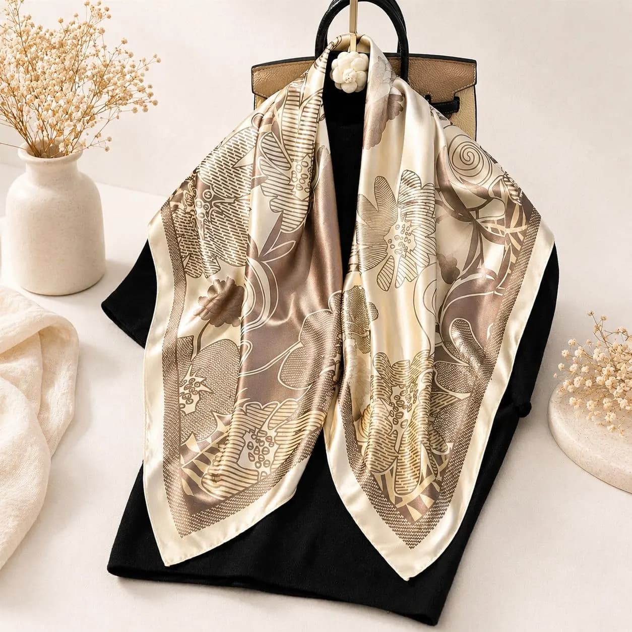 Floral Silk Scarf Shawl: Elegant Satin-Feel Headscarf Bandana Wrap, Elegant Gift for Her - image 2