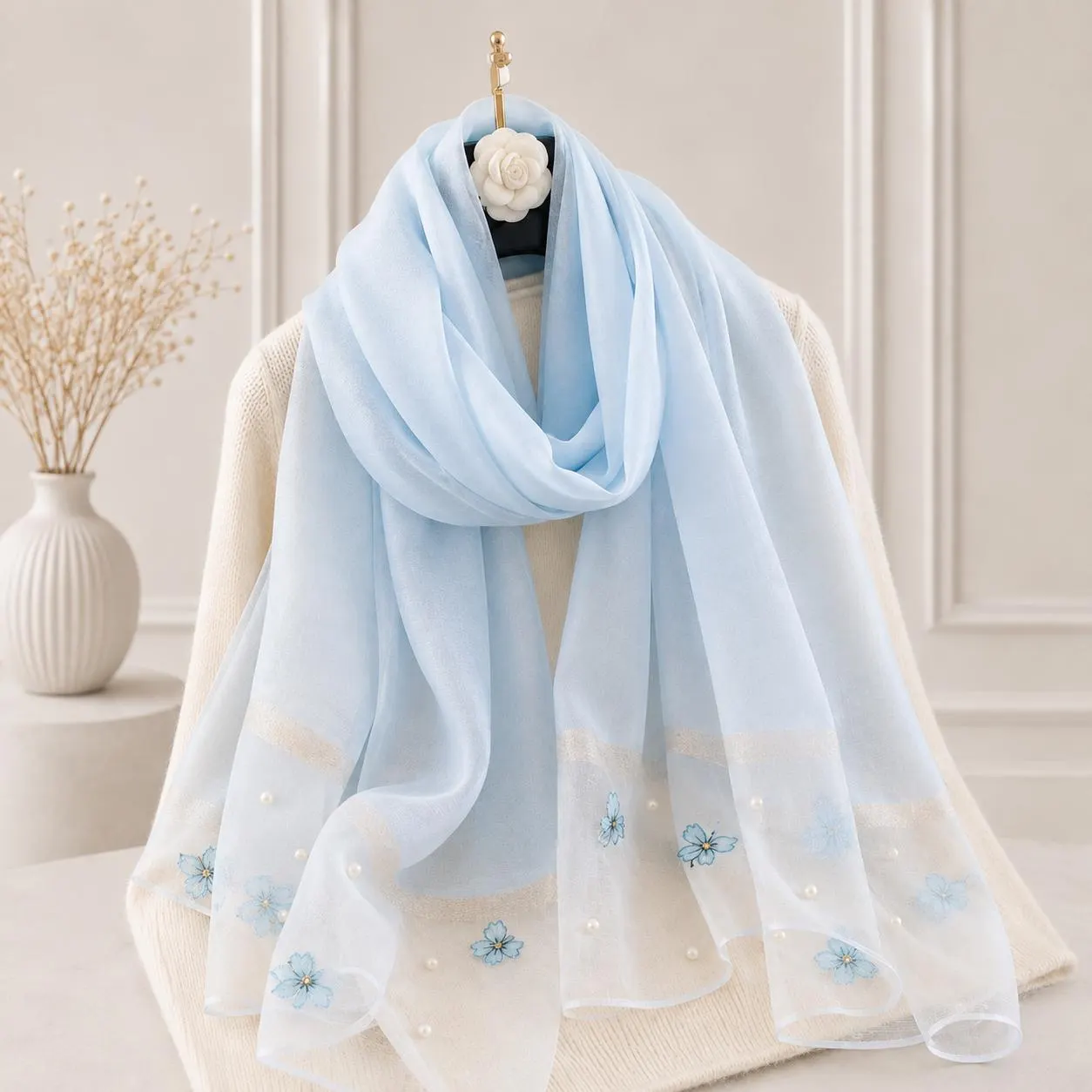 pearl Embellished Floral Organza Scarf, Sheer Wedding Shawl, Elegant Bridal Wrap, Formal Evening Scarf, Gift for Her