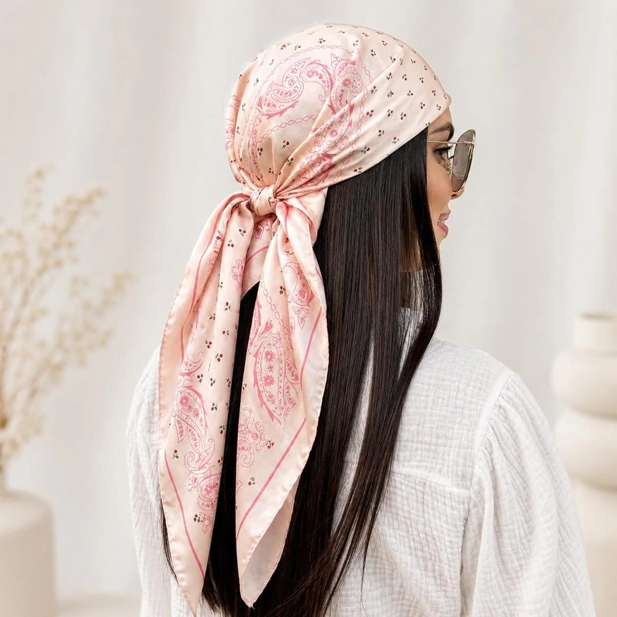 Satin Silk Paisley Head Scarf, Boho Bandana Hair Wrap (90x90cm) Gift for Her, Square Neck Scarf