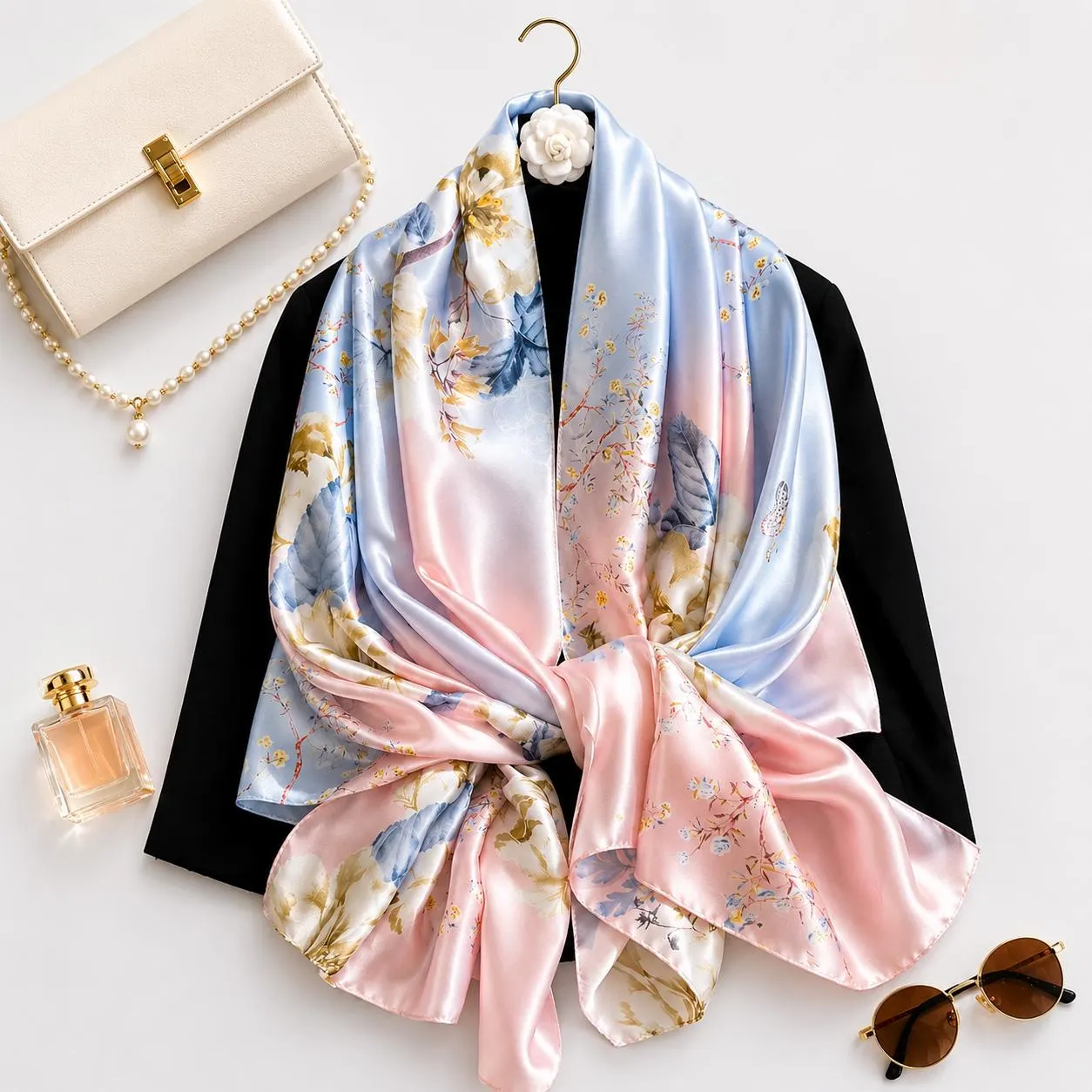 Silk Satin Scarf Women Floral Shawl Wrap Soft Luxury Lightweight Hijab Gift for Her - image 5
