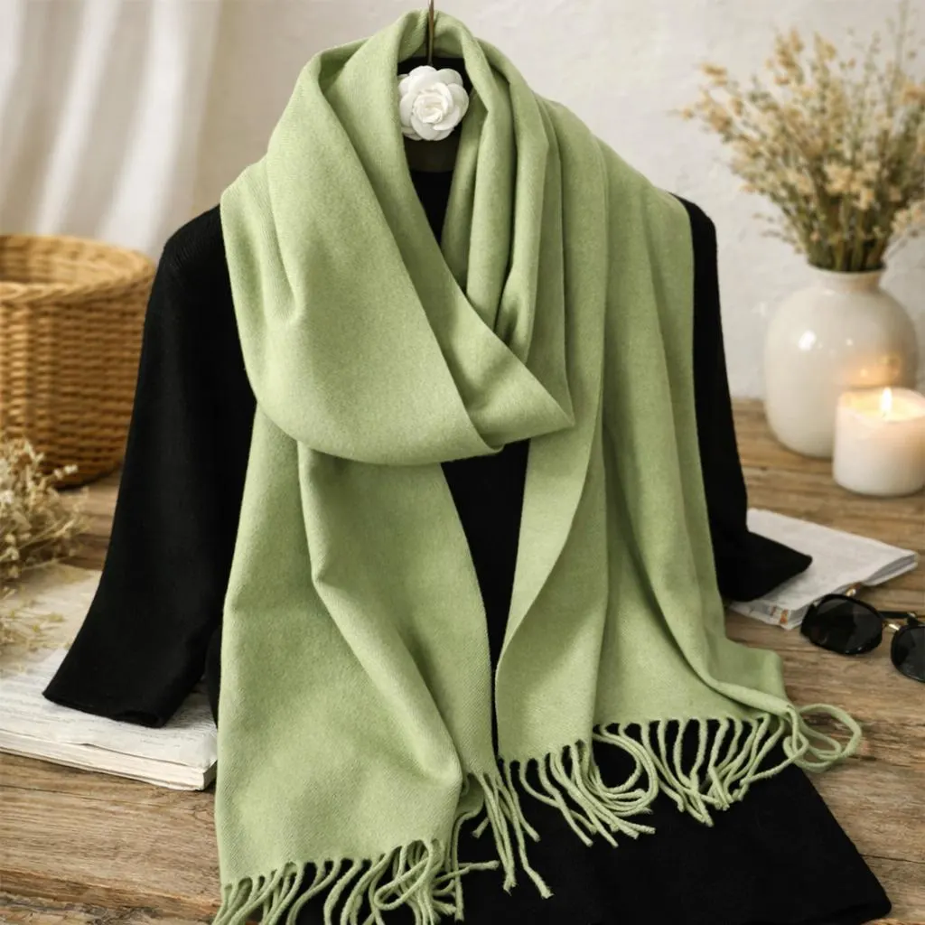 Soft Sage Green Pashmina Feel Scarf, Warm Winter Shawl Wrap, Long Tassel Scarf, Cozy Gift for Her, Elegant Women Stole